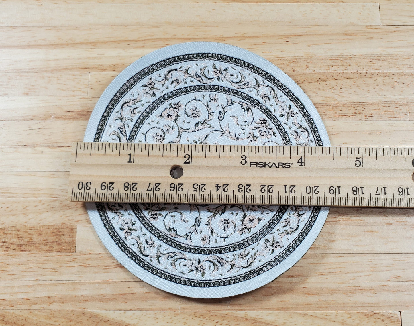Dollhouse Round Rug Fabric White Black Floral 1:12 Scale Miniature 4.5" Across