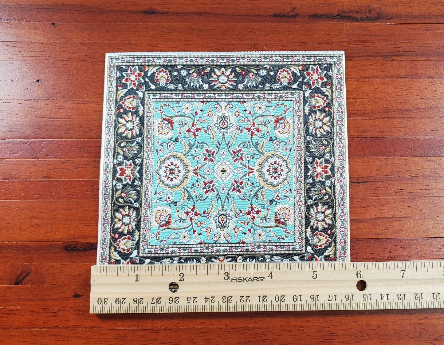 Dollhouse Fabric Rug Square Black Teal Green 1:12 Scale Miniature Carpet