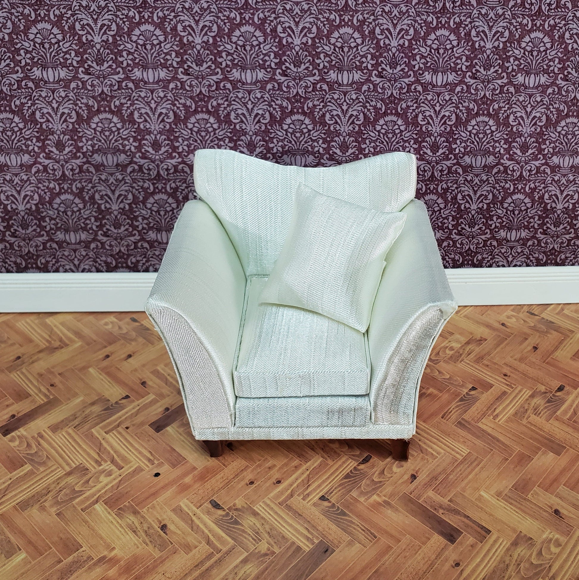 Dollhouse Arm Chair Cream Faux Silk with Cushion 1:12 Scale Miniature Furniture
