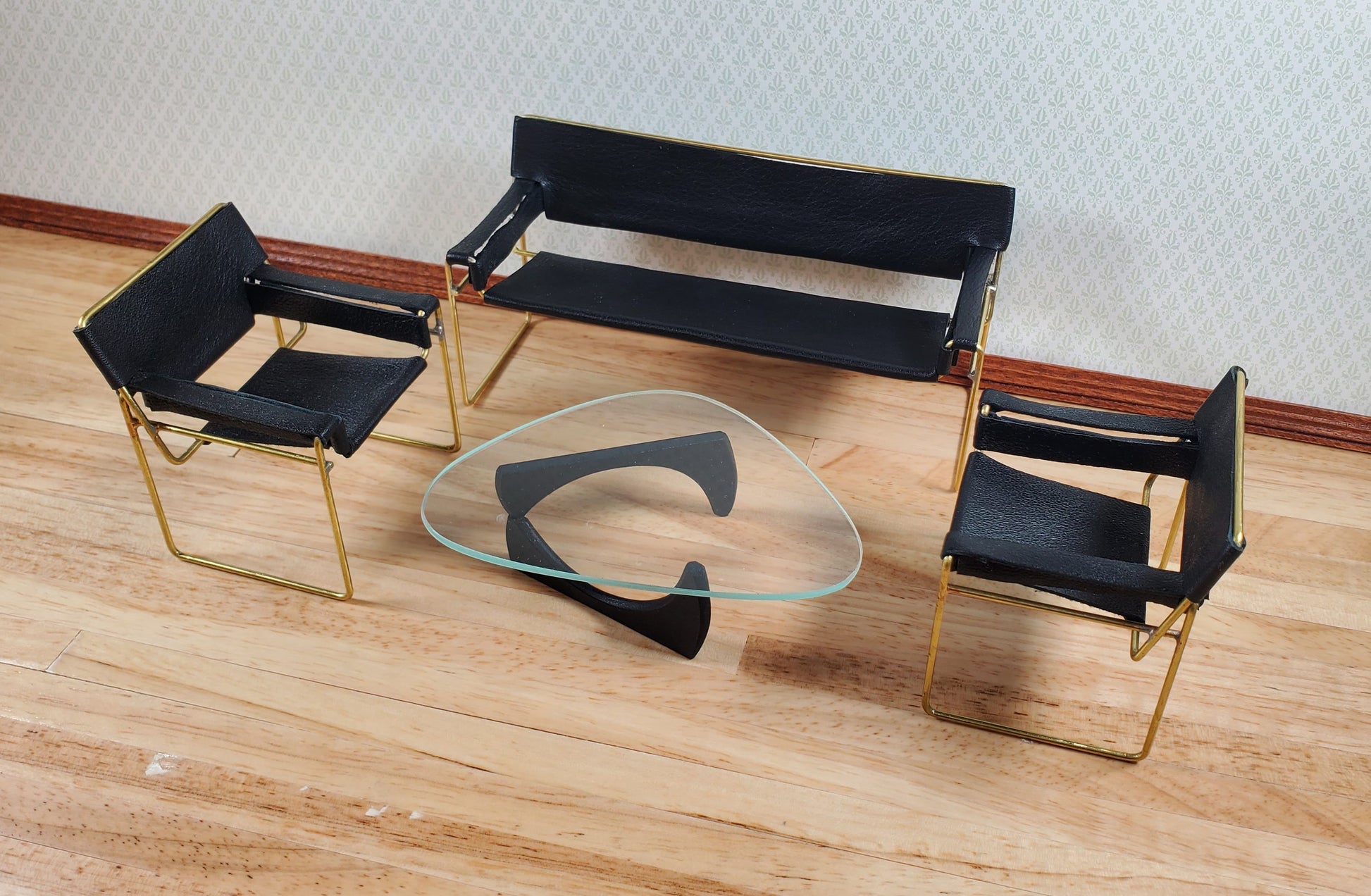 Modern Wassily Style Living Room Set Sofa 2 Chairs Coffee Table Black Leather by Warren Richardson