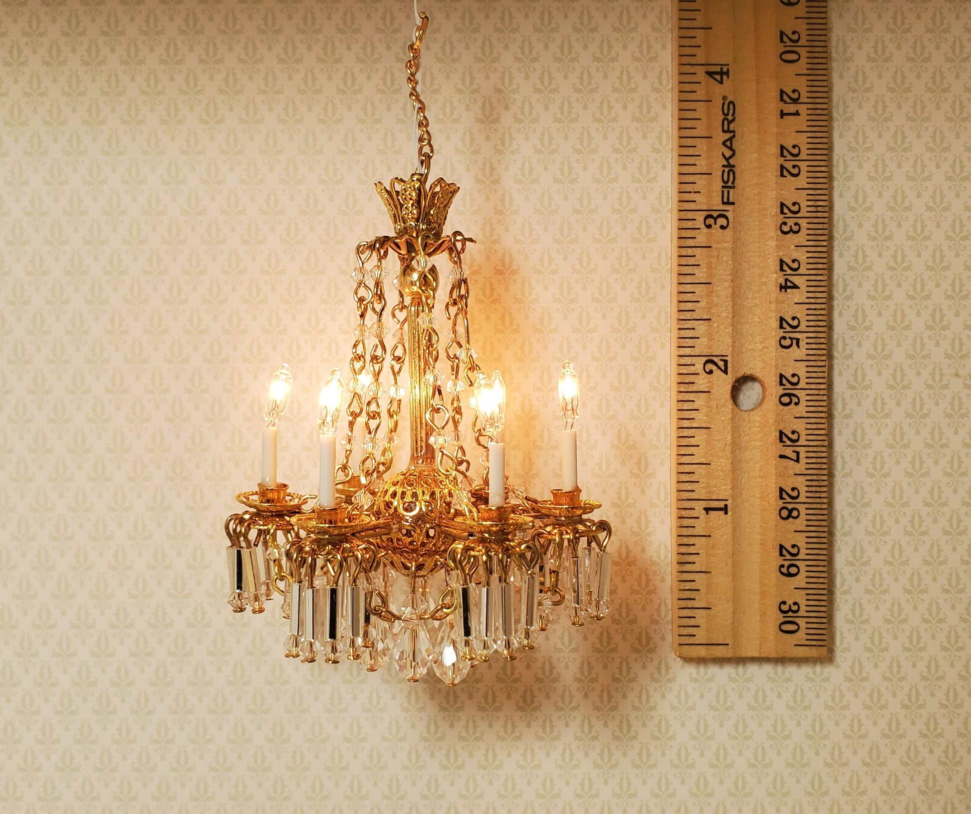 Dollhouse Crystal Chandelier with Drapes 6 Arm Real Glass 12 Volt 1:12 Scale
