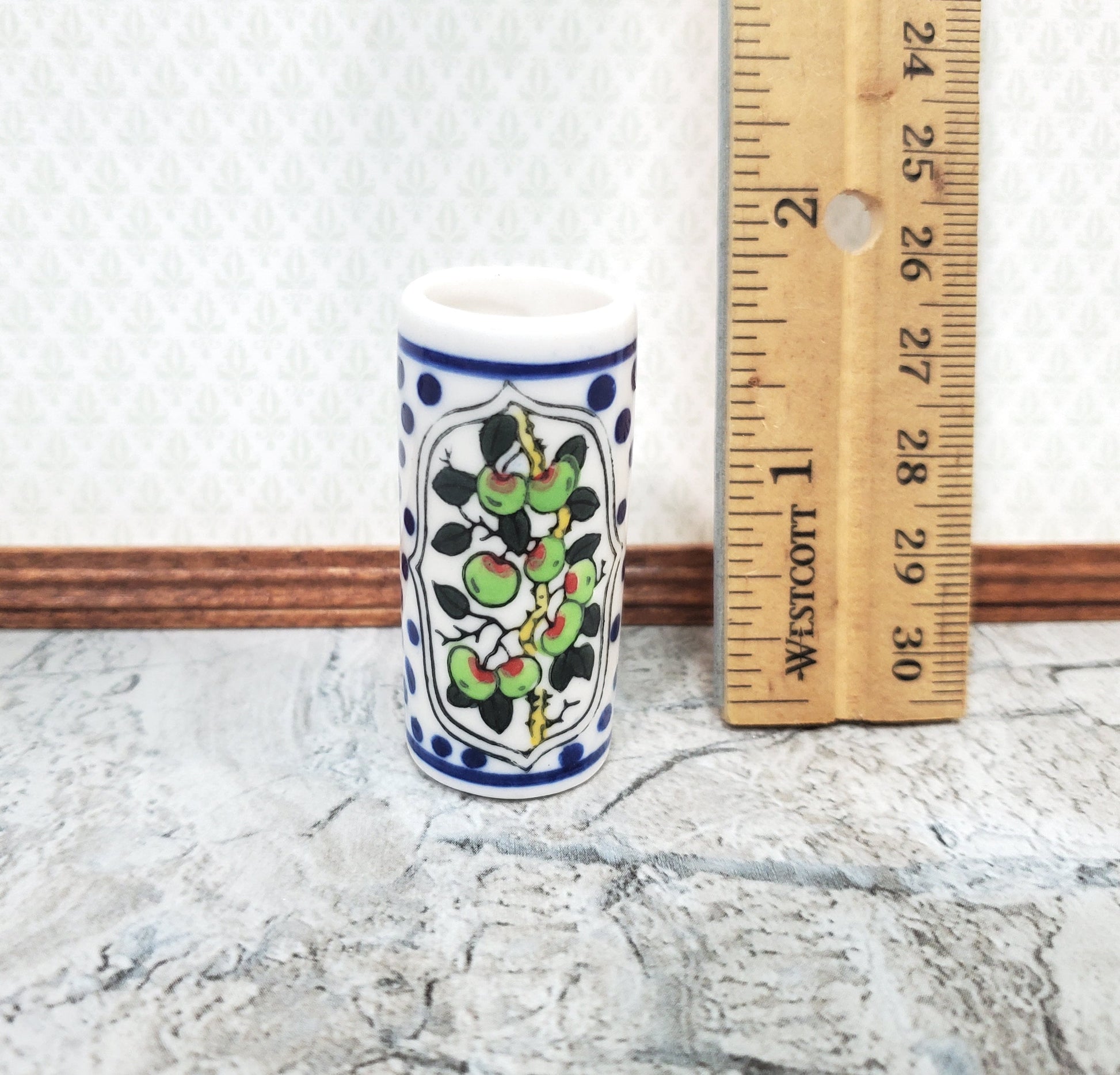 Dollhouse Umbrella or Cane Stand White Ceramic Apple Design 1:12 Scale Miniature