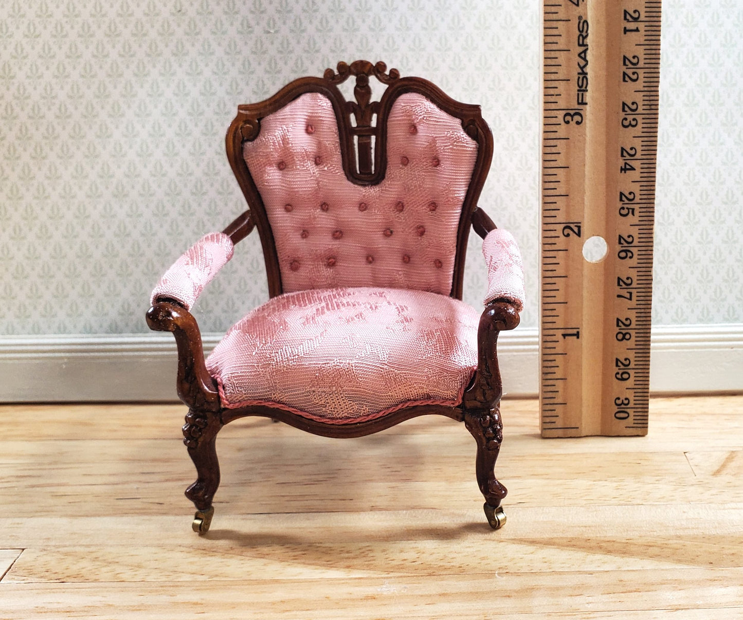 JBM Dollhouse Pink Arm Chair Victorian Style Walnut Finish 1:12 Scale