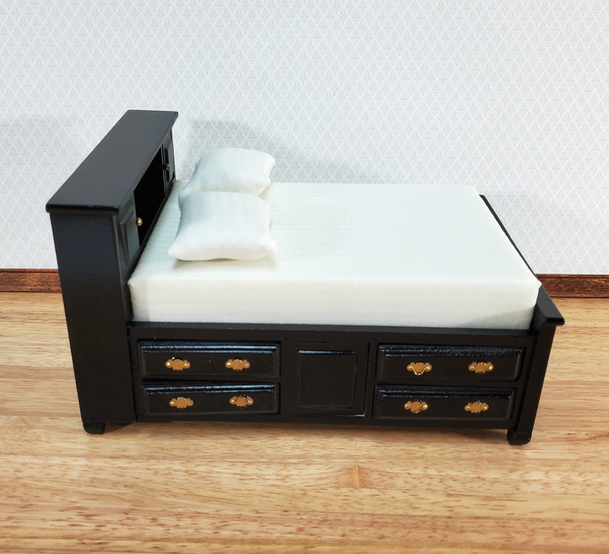 Dollhouse Captain's Bed with Drawers Double Black Finish 1:12 Scale Bedroom Furniture