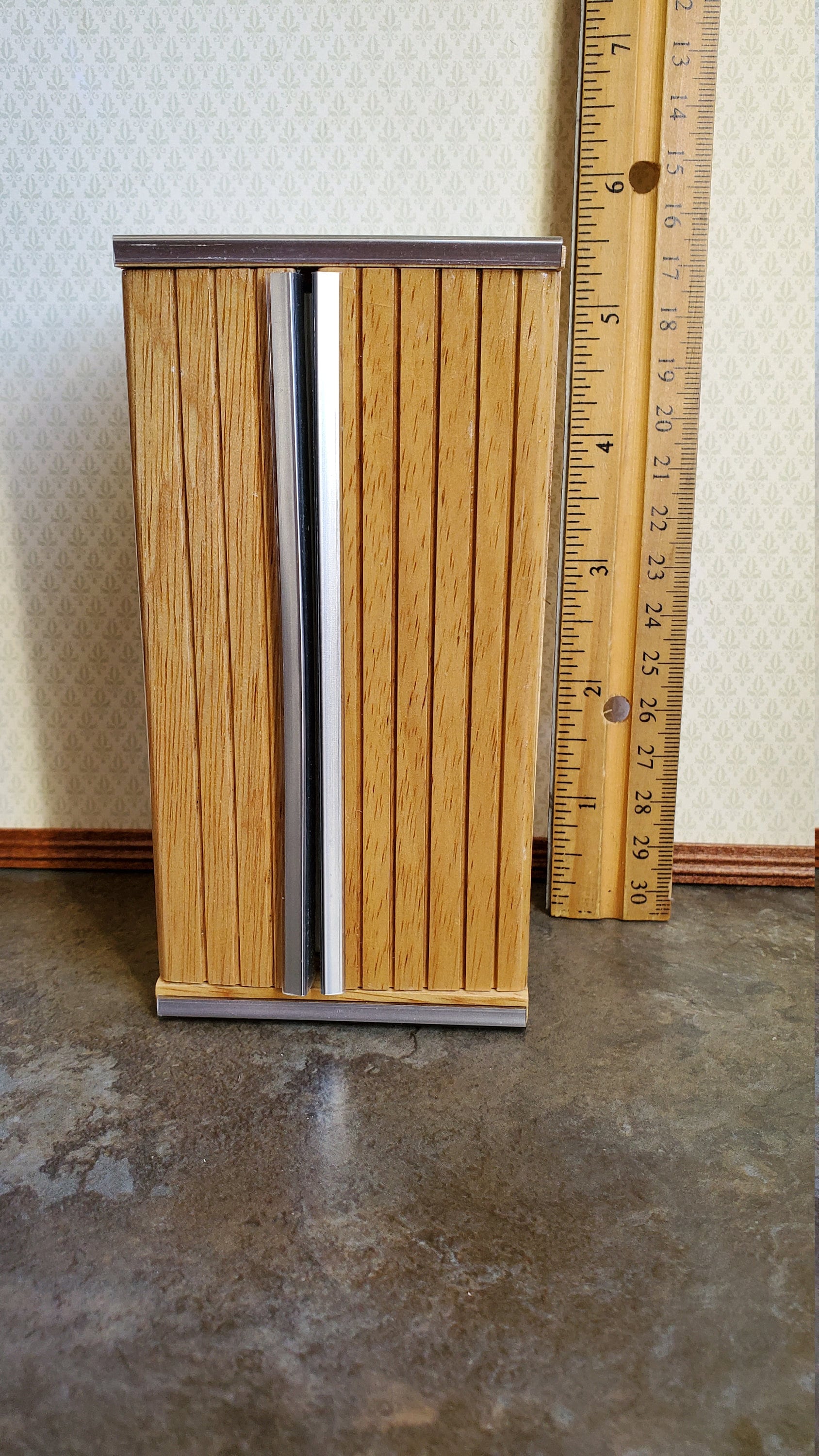 Dollhouse Fridge Modern Refrigerator Oak Finish 1:12 Scale Miniature Wood Furniture