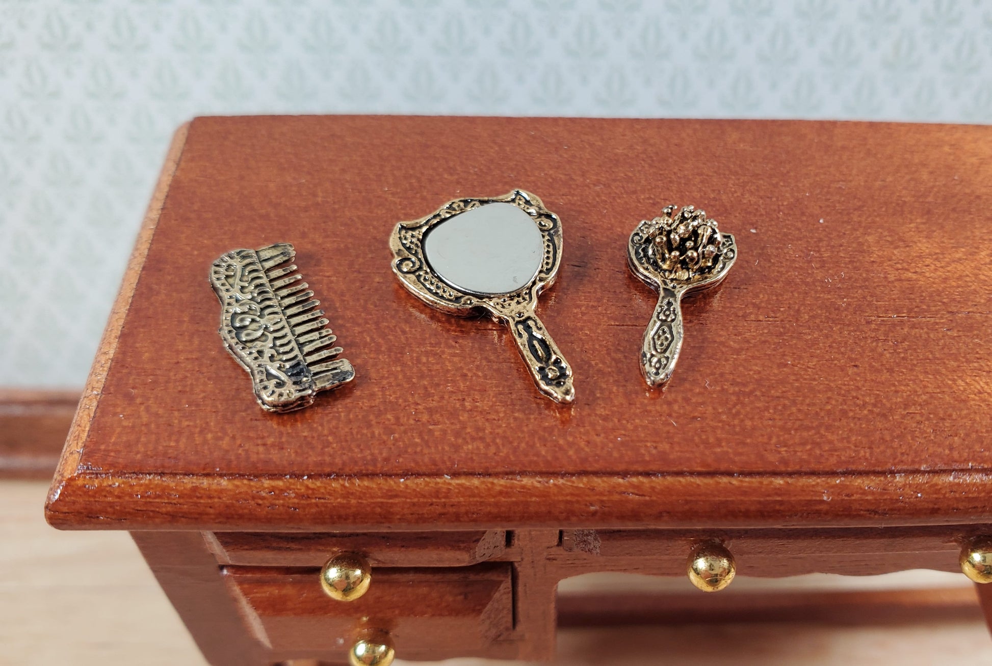 Dollhouse Comb Brush Hand Mirror Vanity Set Antique Gold Metal 1:12 Scale