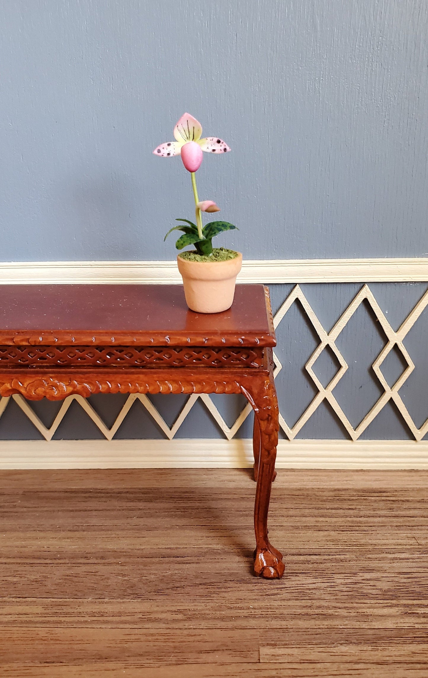 Dollhouse Miniature Potted Orchid Pink & White Flowering Plant in Clay Pot 1:12 Scale