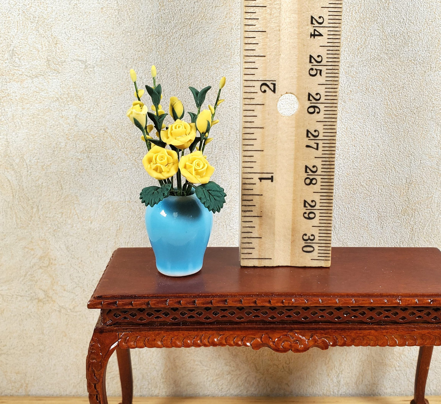 Dollhouse Yellow Roses in a Large Blue Ceramic Vase 1:12 Scale Miniature