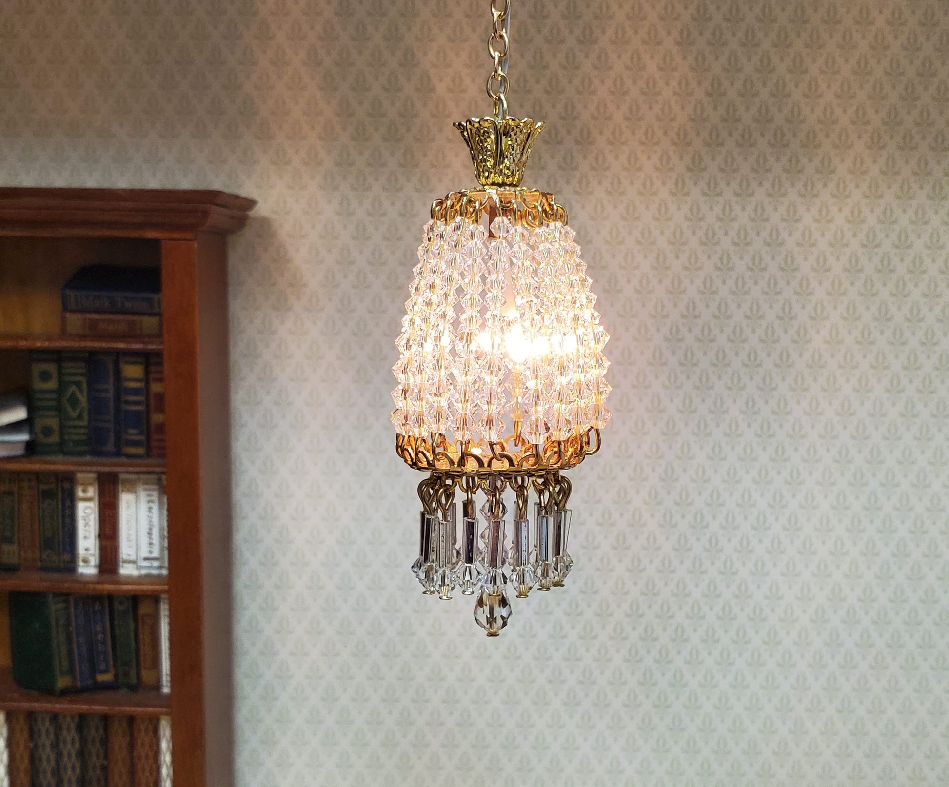 Dollhouse Parlor Chandelier II Light Real Glass Crystals 12 Volt 1:12 Scale