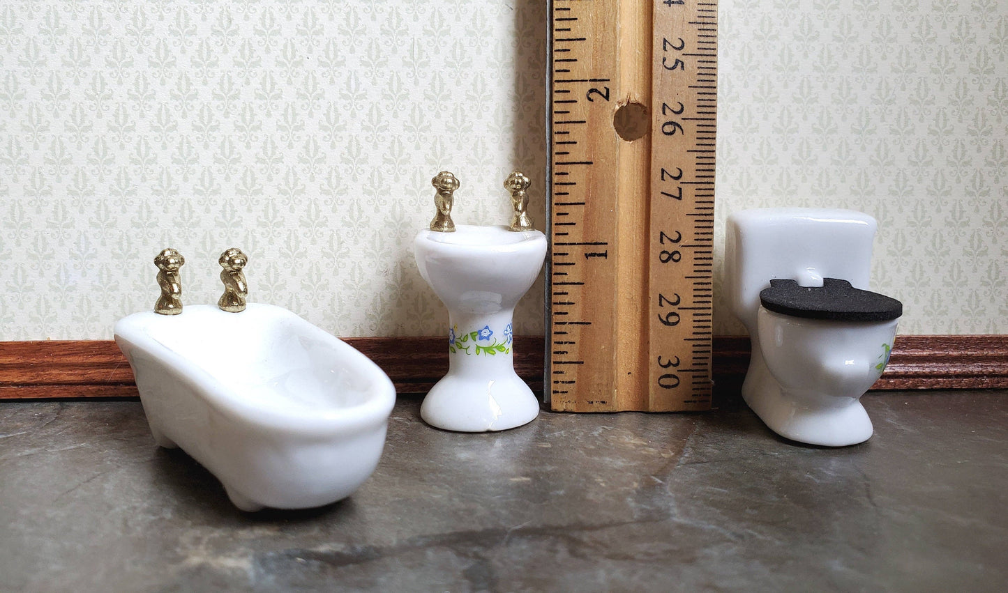 Dollhouse Miniature HALF SCALE Bathroom Set Tub Toilet Sink White 1:24 Scale