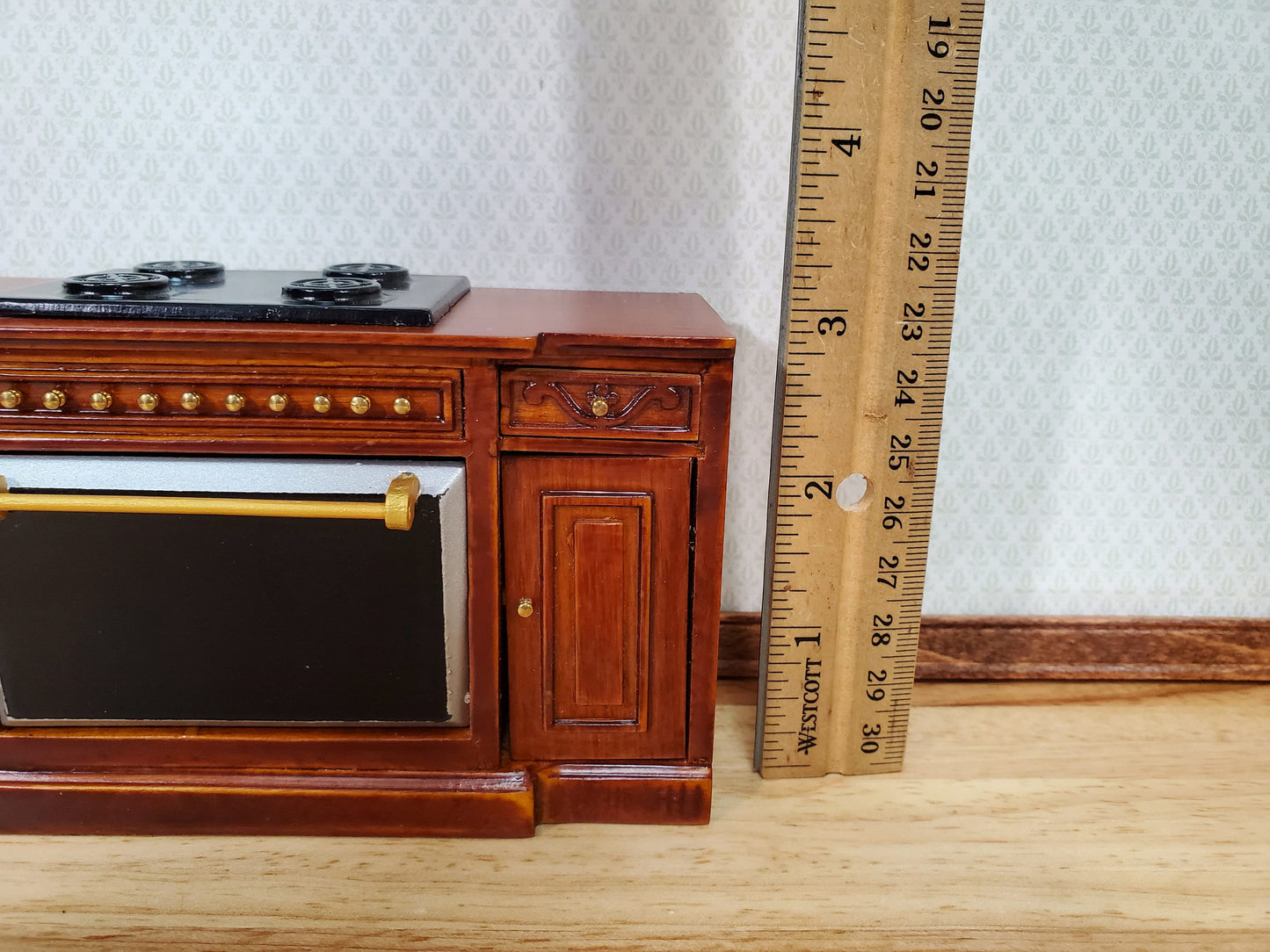 Dollhouse Stove Oven Cabinet Walnut Finish 1:12 Scale Miniature Kitchen Cupboard