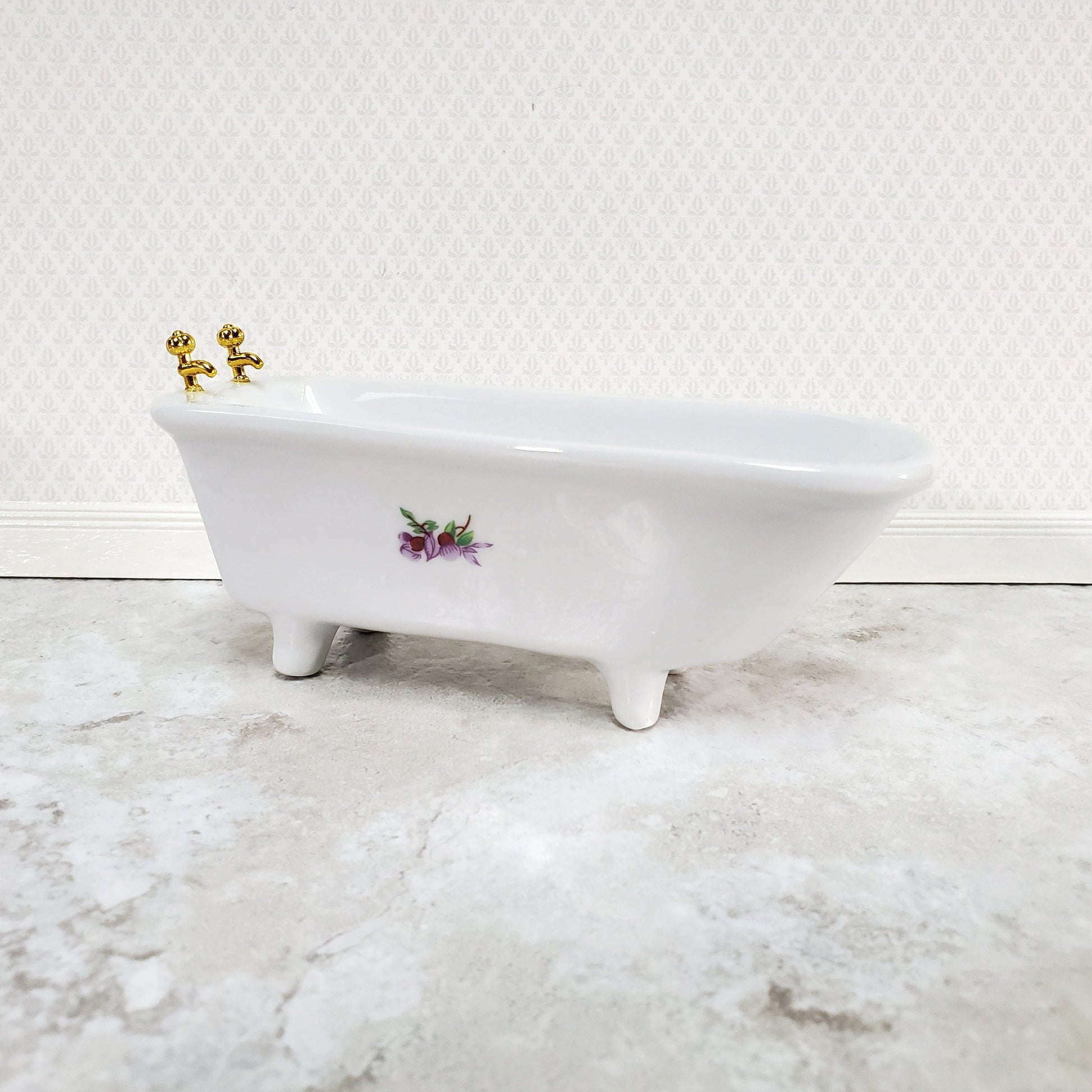 Dollhouse Bathtub White Ceramic with Purple Flowers 1:12 Scale Bathroom Tub