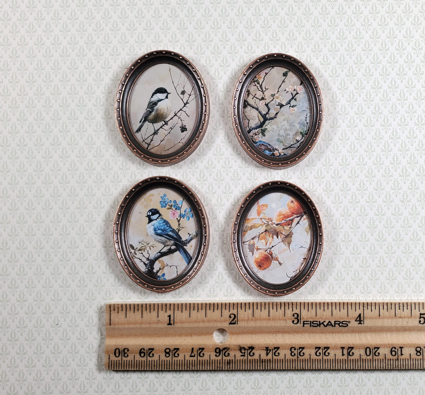 Miniature Framed Prints x4 Chickadee Branches Oval Frames 1:12 Scale Metal Frame