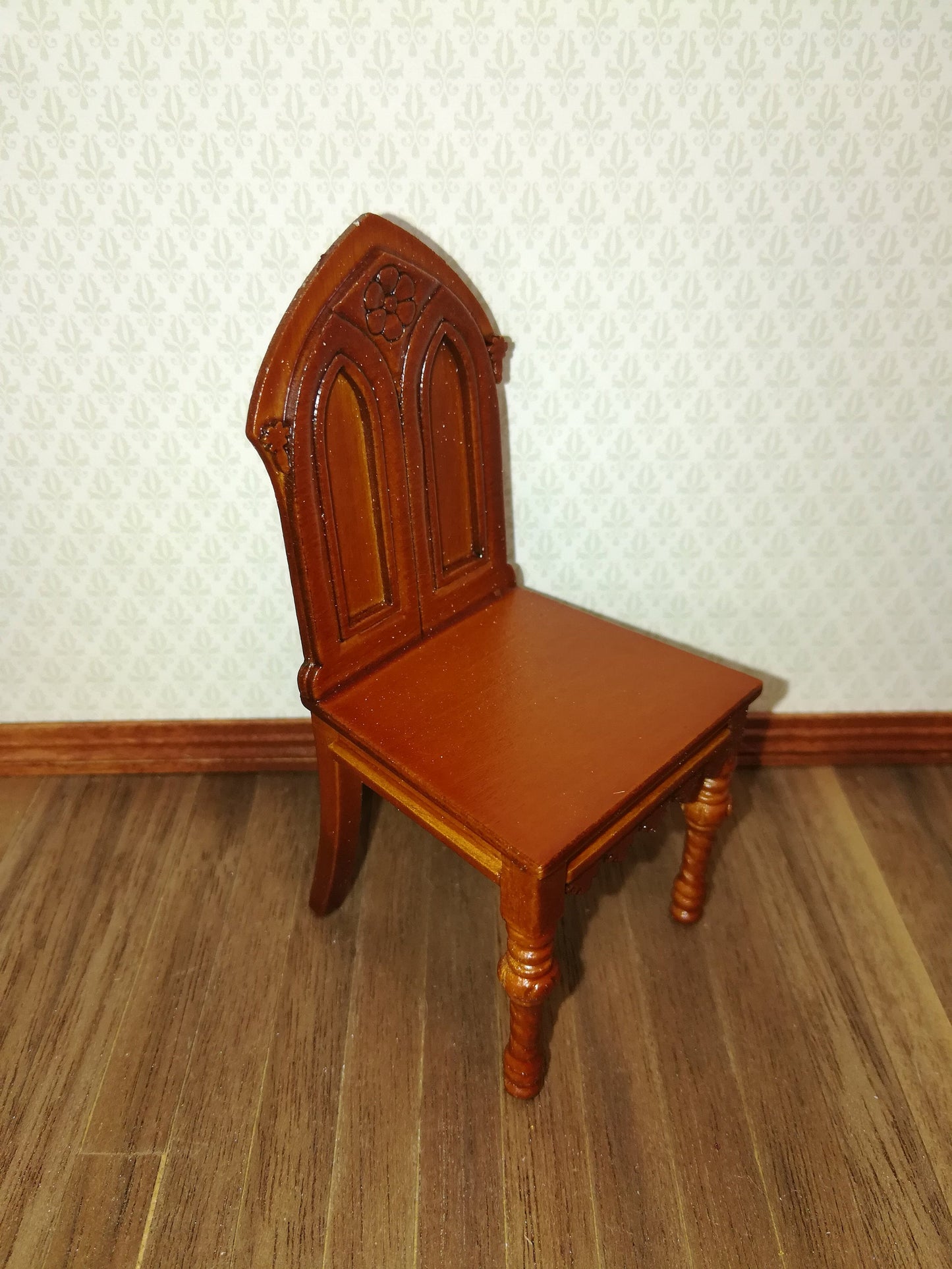 Dollhouse Miniature Chair Gothic Tudor Revival Style Walnut Finish 1:12 Scale