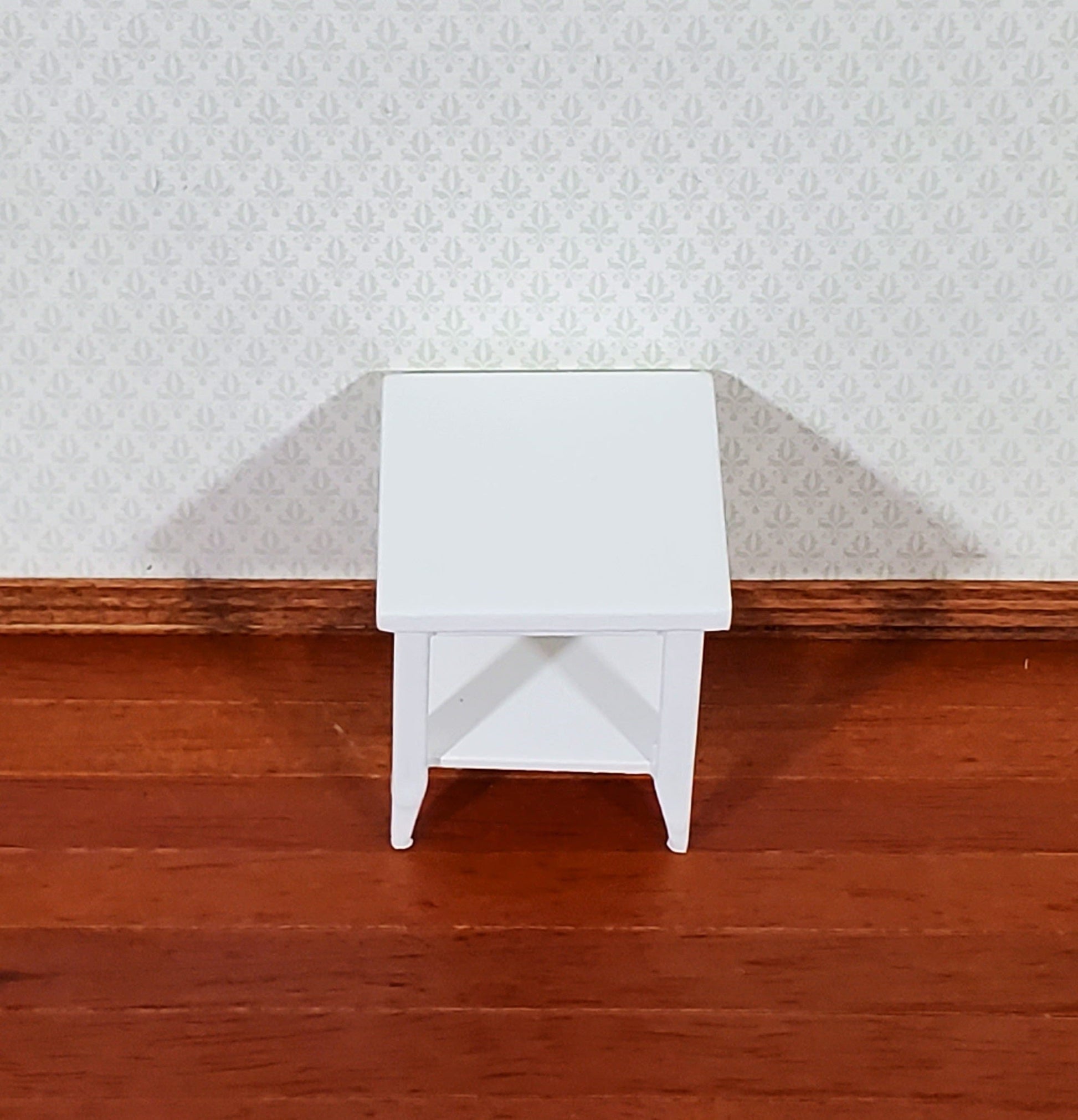 Dollhouse Side Table with Shelf Modern Style Wood White Finish 1:12 Scale Miniature Furniture