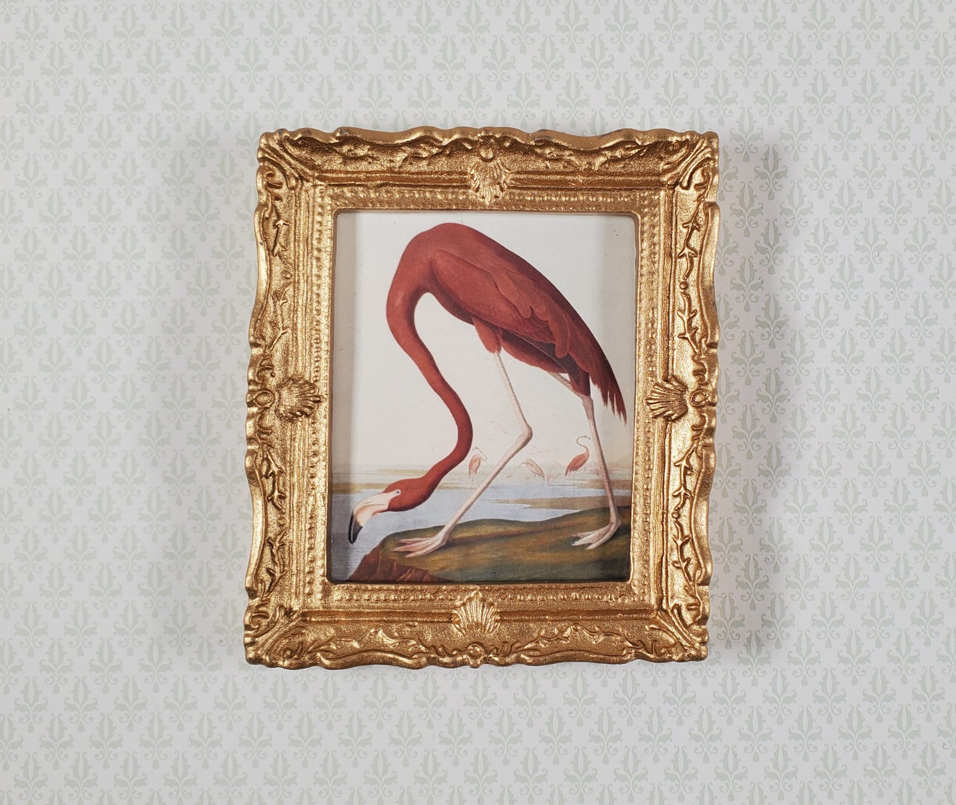 Miniature Pink Flamingo Print John James Audubon 1:12 Scale Dollhouse Gold Frame