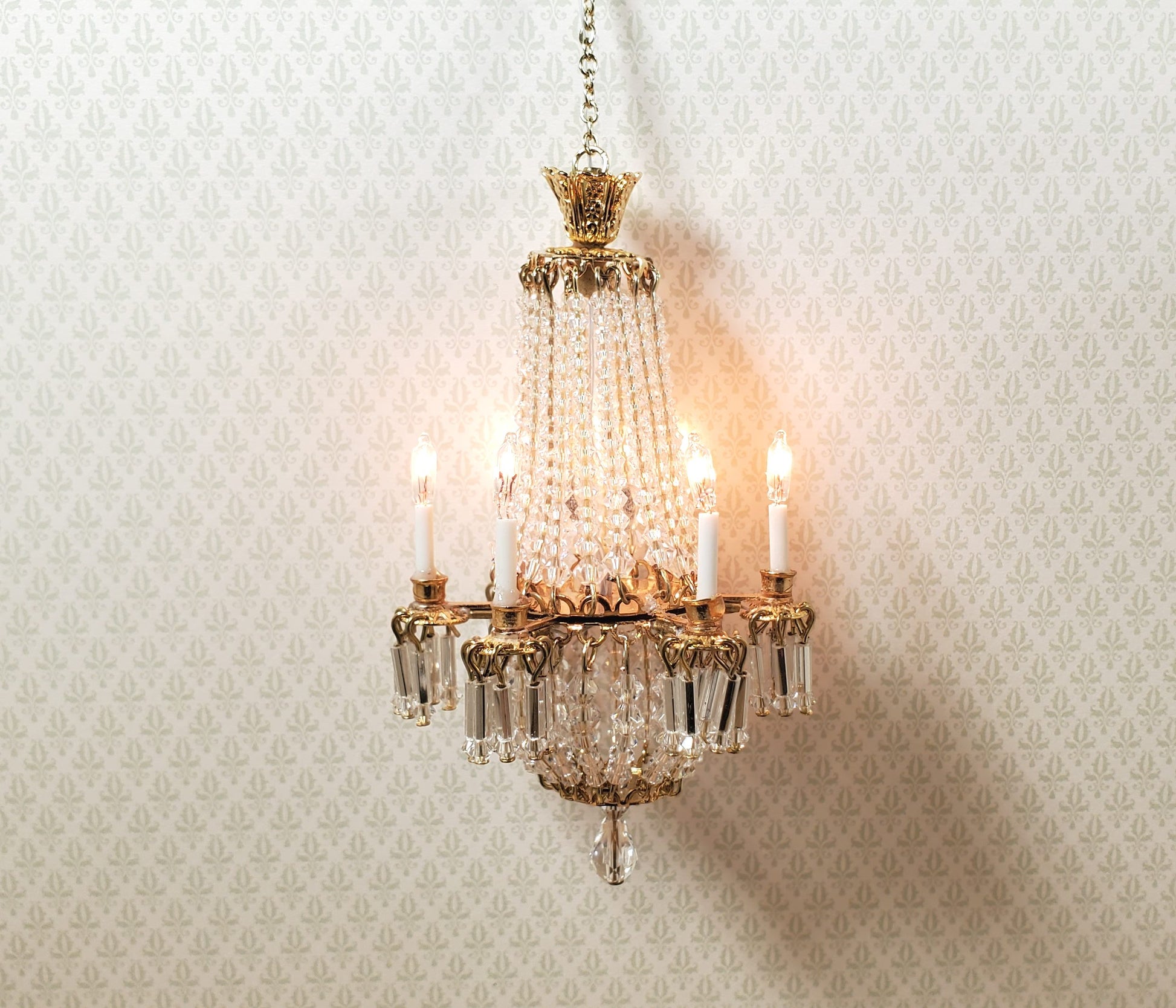 Dollhouse Crystal Chandelier Grand 6 Arm Real Glass 12 Volt 1:12 Scale Miniature