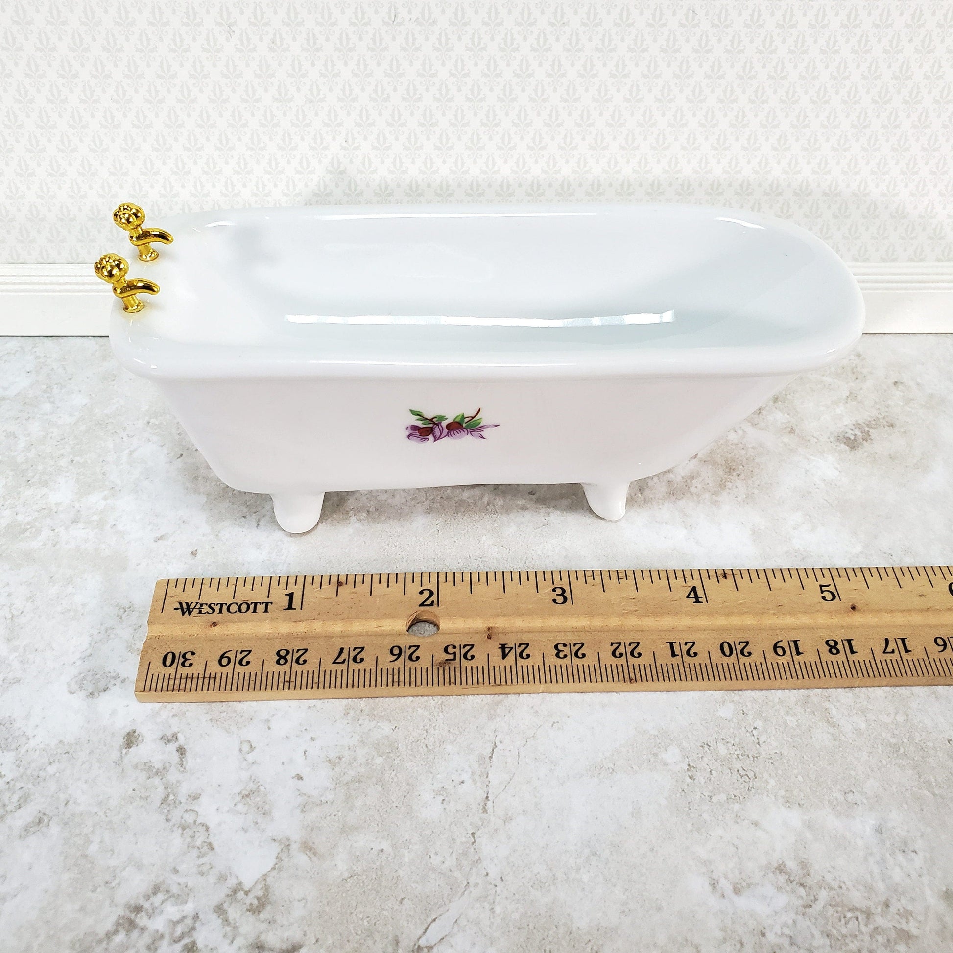 Dollhouse Bathtub White Ceramic with Purple Flowers 1:12 Scale Bathroom Tub