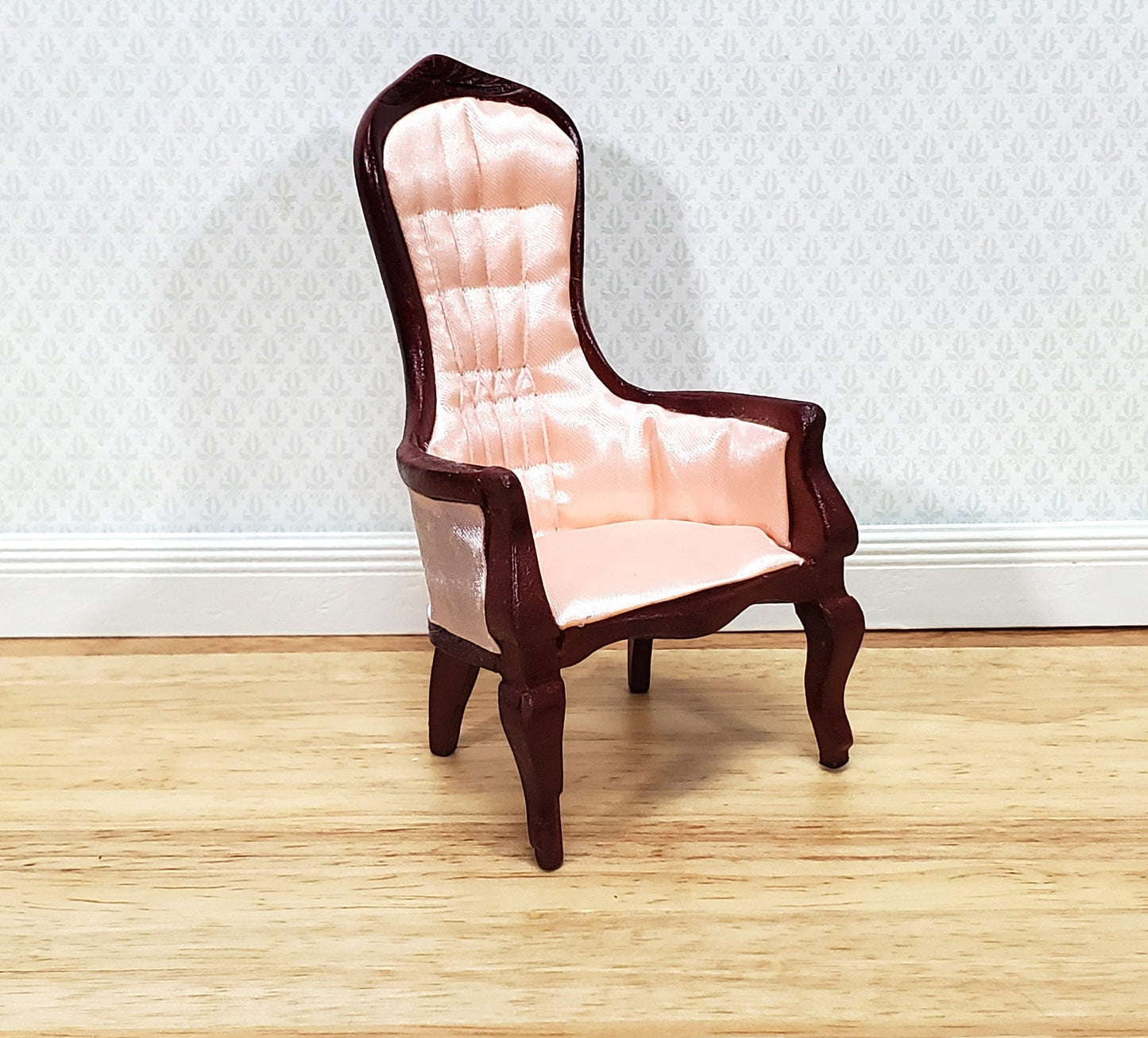 Dollhouse Gentlemen's Chair Victorian Pink & Mahogany Finish 1:12 Scale Miniature Furniture
