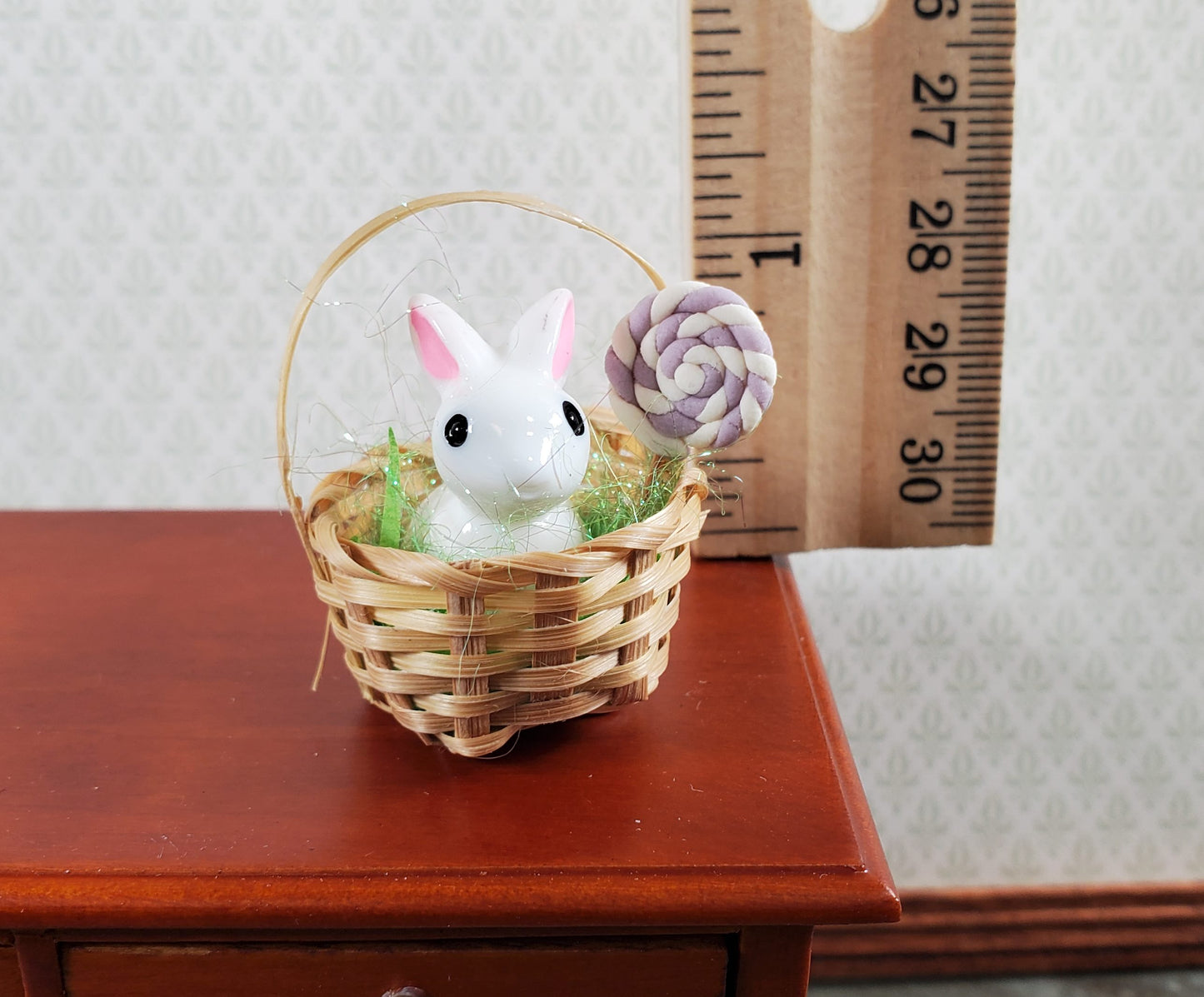 Dollhouse Easter Basket with Bunny and Lollipop Sucker 1:12 Scale Miniature