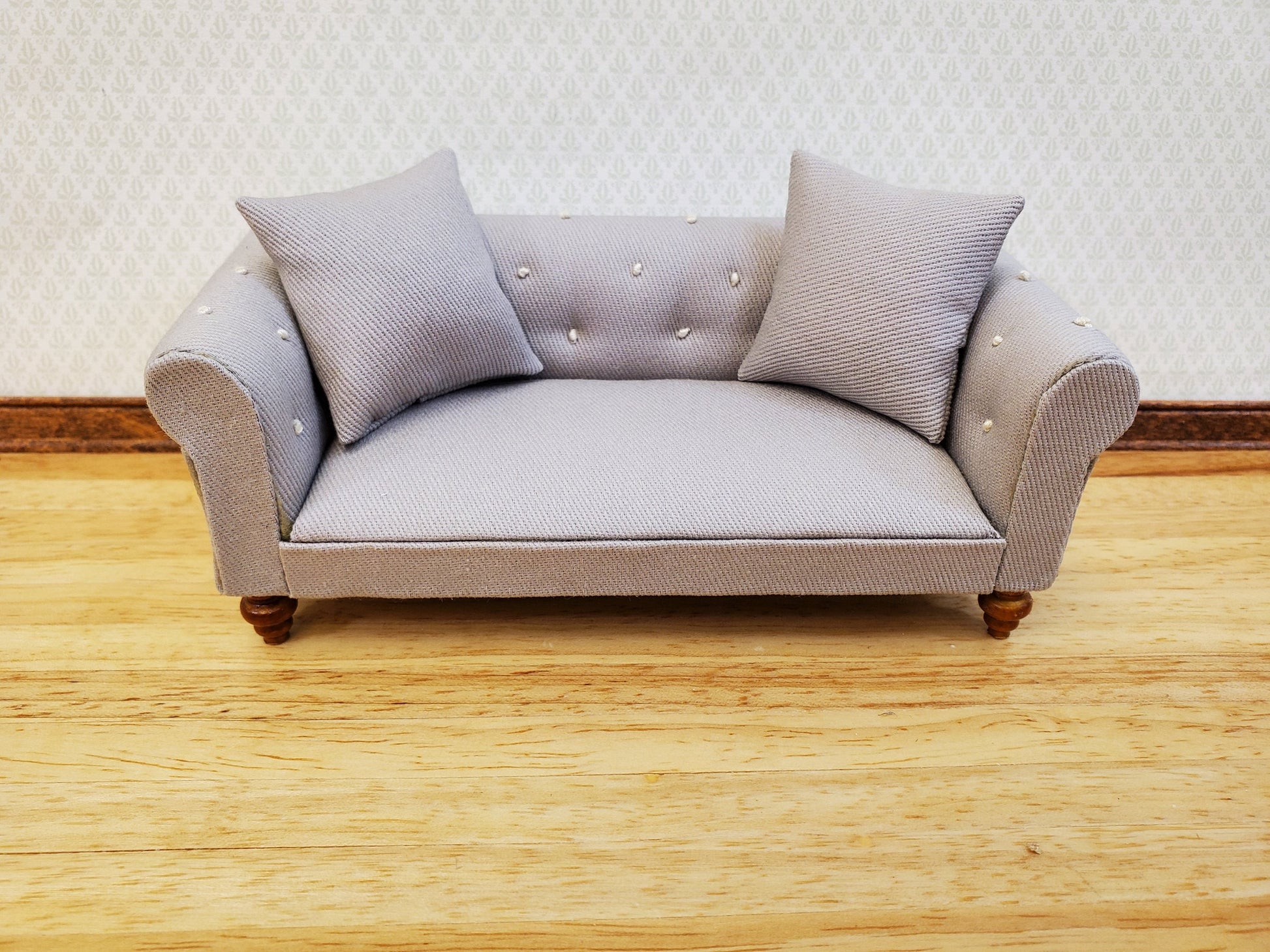 Dollhouse Sofa Couch Chesterfield Gray Tufted 1:12 Scale Miniature Furniture