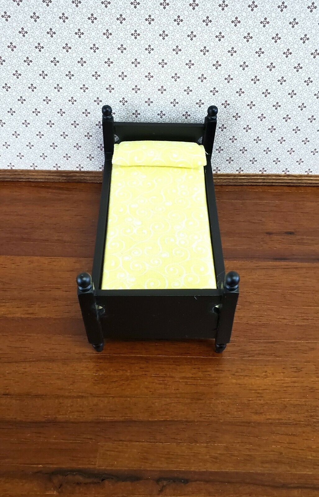 Dollhouse Miniature Black Bed with Mattress Pillow Sheets Small Childs 1:12