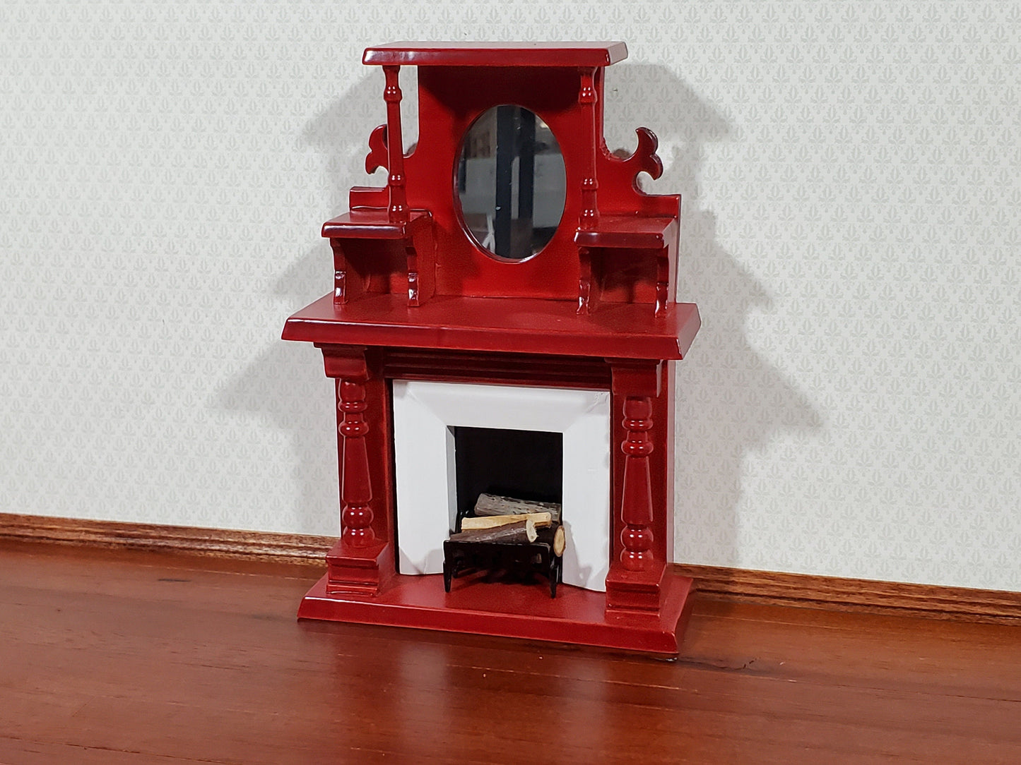 Dollhouse Fireplace Victorian with Mirror Wood with a Mahogany Finish 1:12 Scale Miniature Furniture