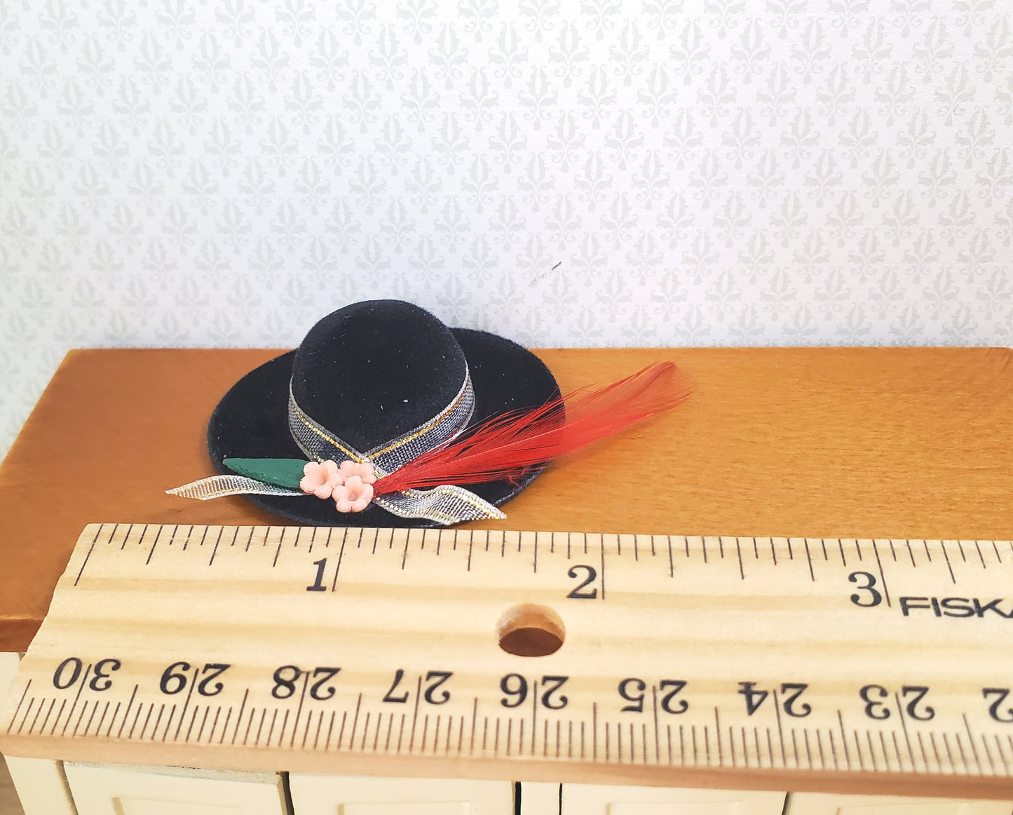 Dollhouse Black Velvet Hat with Feather & Flowers Wearable 1:12 Scale Miniature