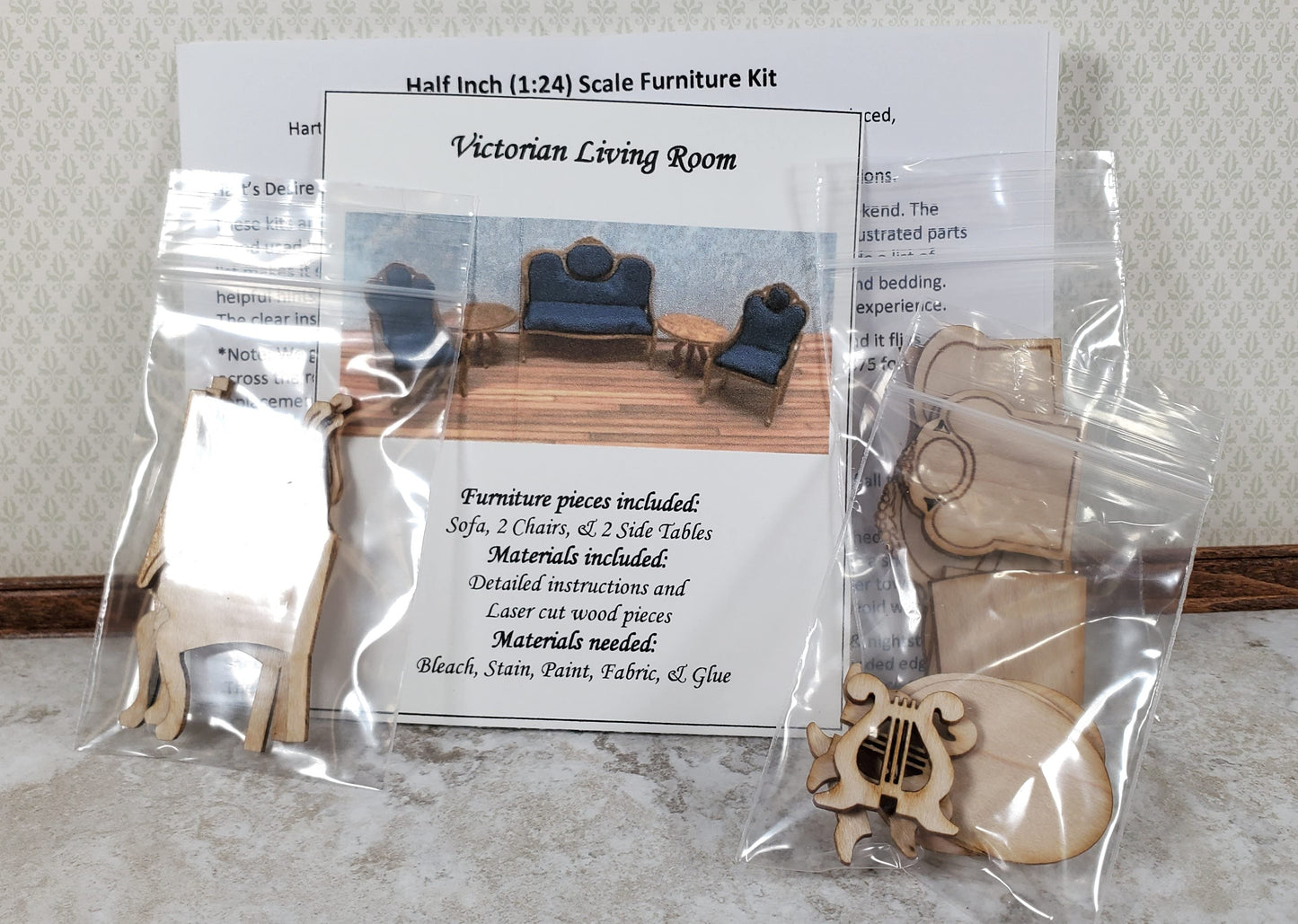 Dollhouse HALF SCALE Furniture KIT Victorian Living Room Set Sofa Chairs 1:24
