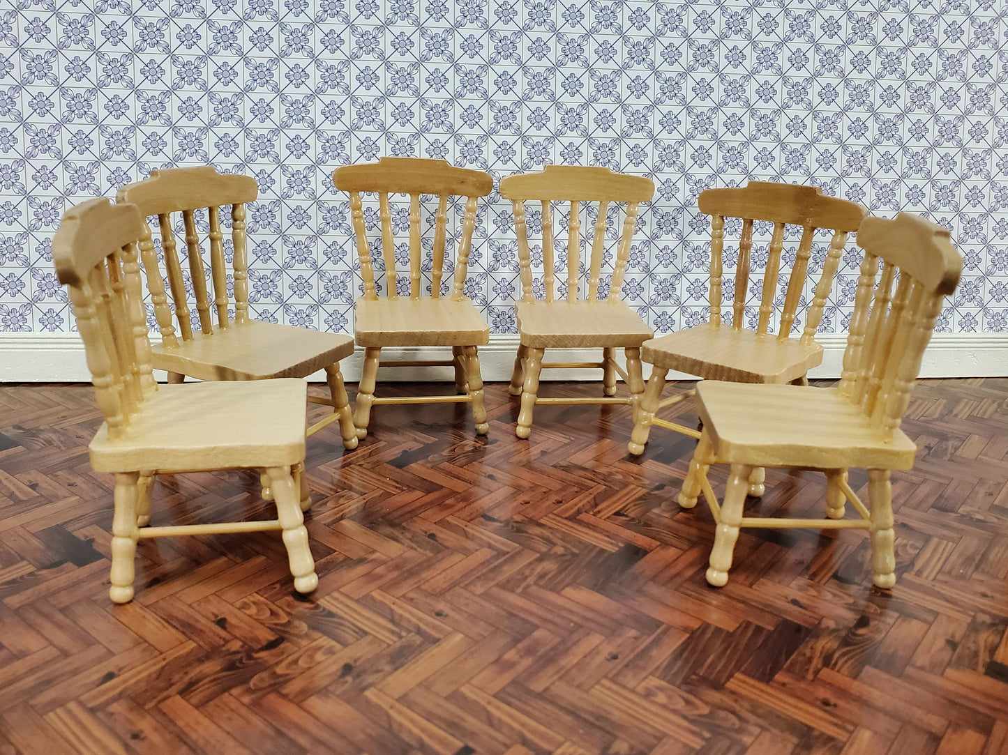 Dollhouse Kitchen Chairs Spindle Back Set of 6 Light Oak 1:12 Scale Miniature Furniture