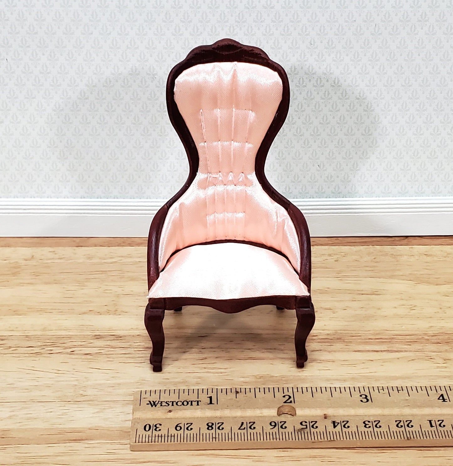 Dollhouse Ladies Chair Victorian Pink & Mahogany Finish 1:12 Scale Miniature Furniture