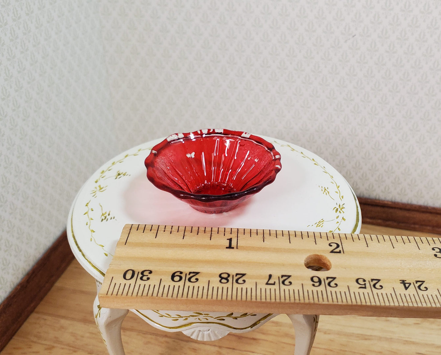 Dollhouse Large Red Glass Flared Bowl 1:12 Scale Miniature Color Flaw