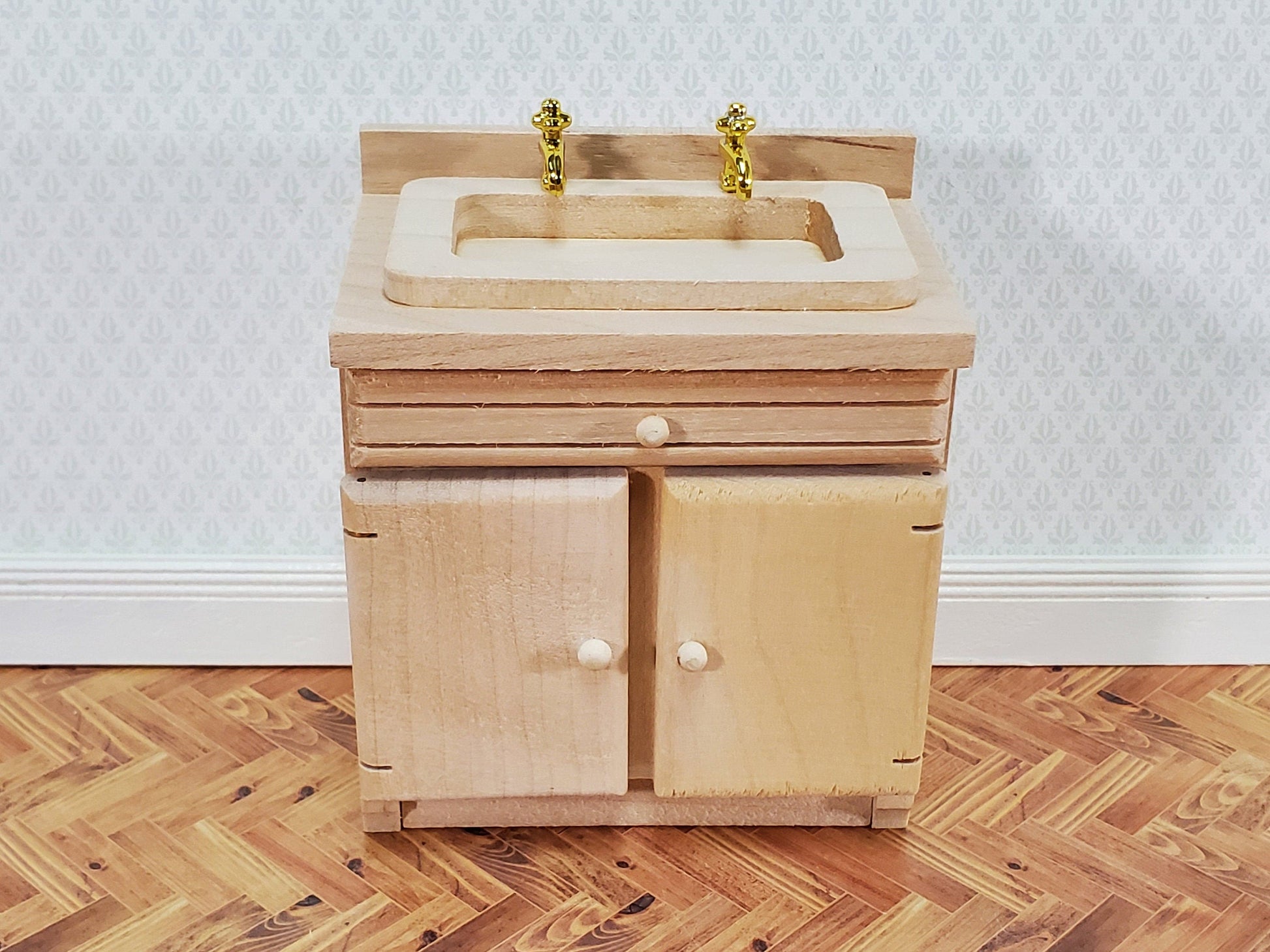 Dollhouse Sink Kitchen or Bathroom Cabinet 1:12 Scale Miniature Furniture Unpainted Wood