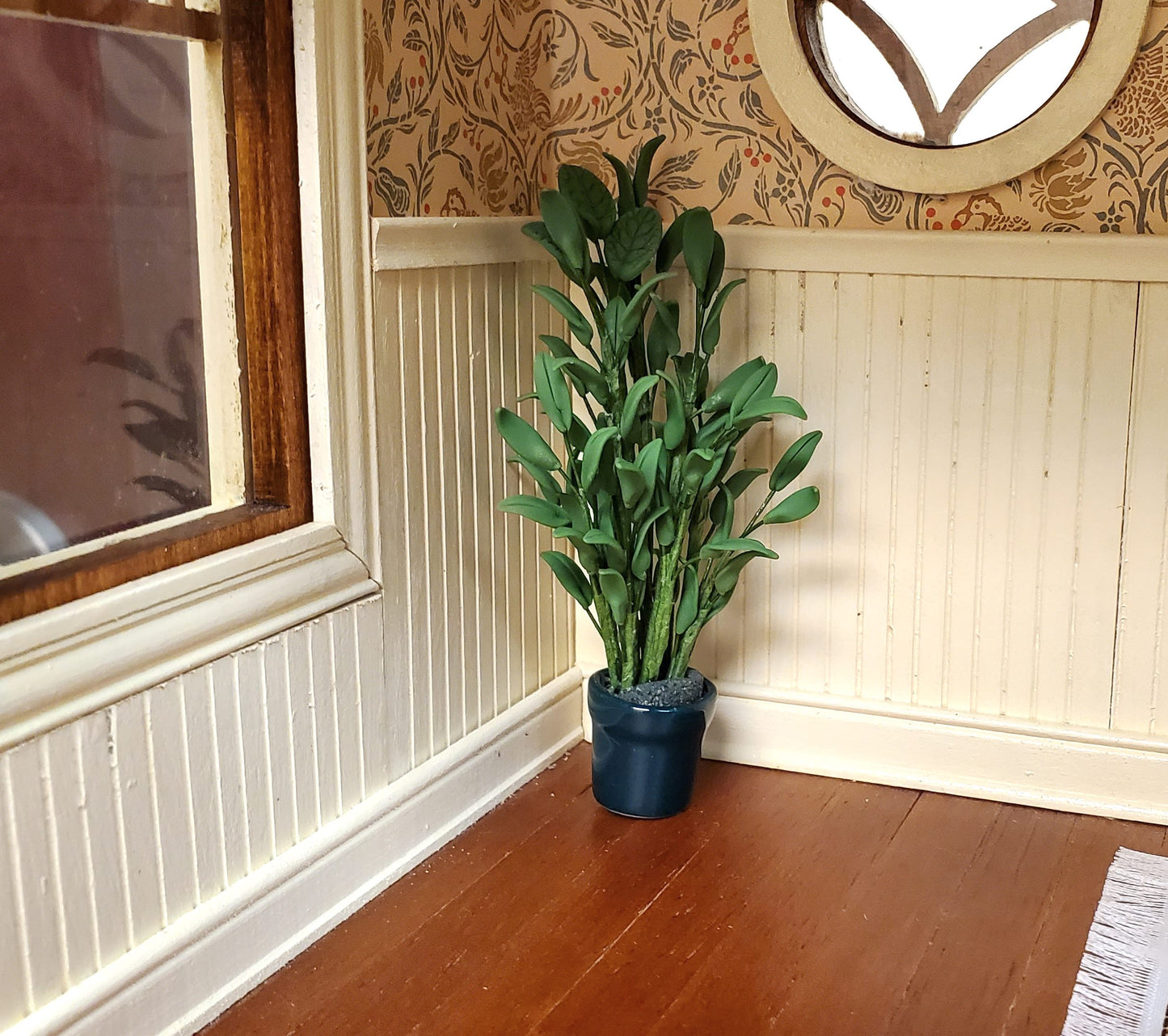 Dollhouse Tall Leafy Houseplant in Green Ceramic Planter 1:12 Scale Miniature