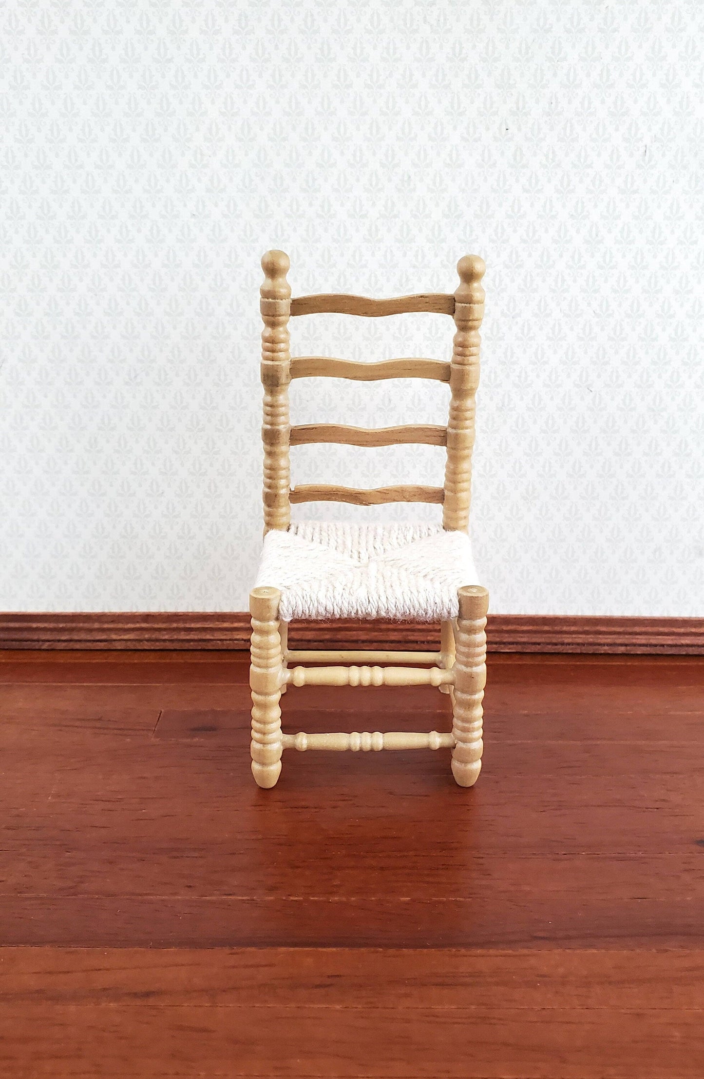 Dollhouse Ladderback Chair Turned Legs Rush Seat Light Oak Finish 1:12 Scale Miniature Furniture