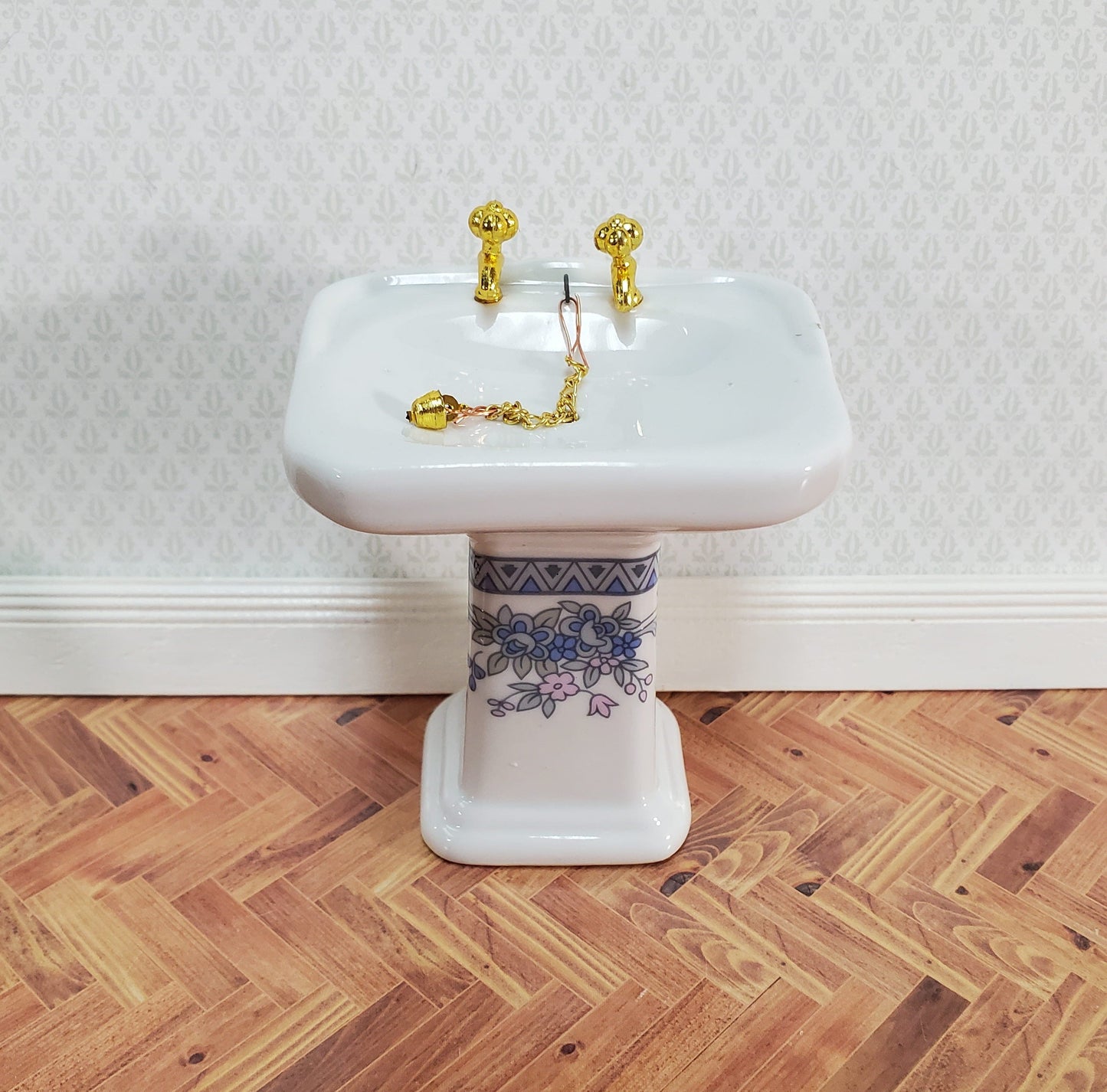 Dollhouse Bathroom Set White & Blue Ceramic Tub Toilet Sink 1:12 Scale Miniature