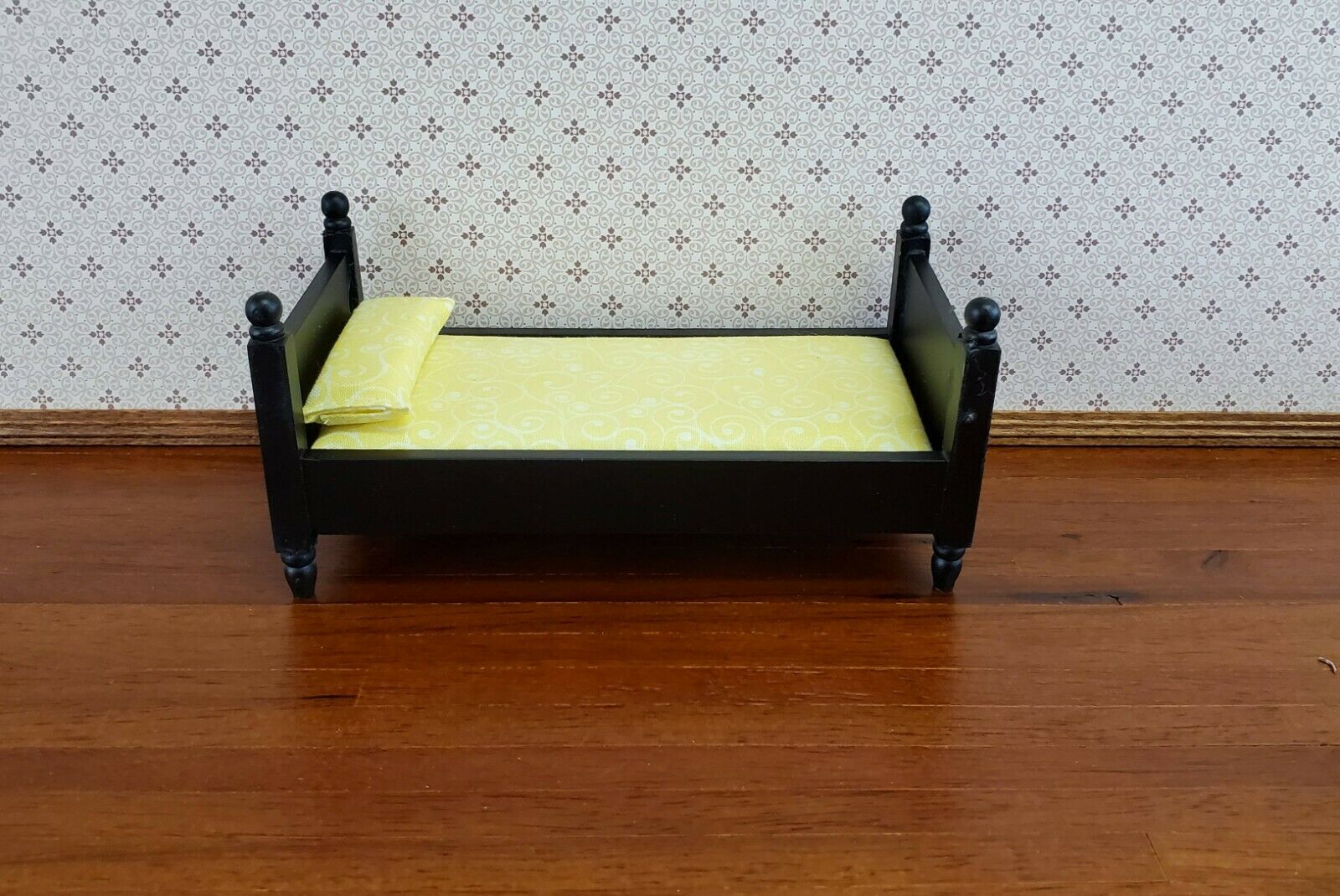 Dollhouse Miniature Black Bed with Mattress Pillow Sheets Small Childs 1:12