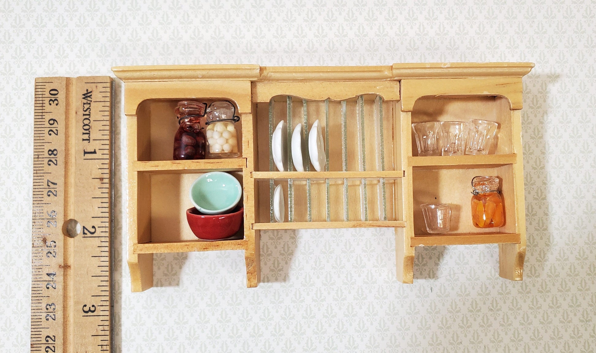 Dollhouse Hanging Shelf with Plate Rack Kitchen Light Oak Finish 1:12 Scale Miniature Furniture