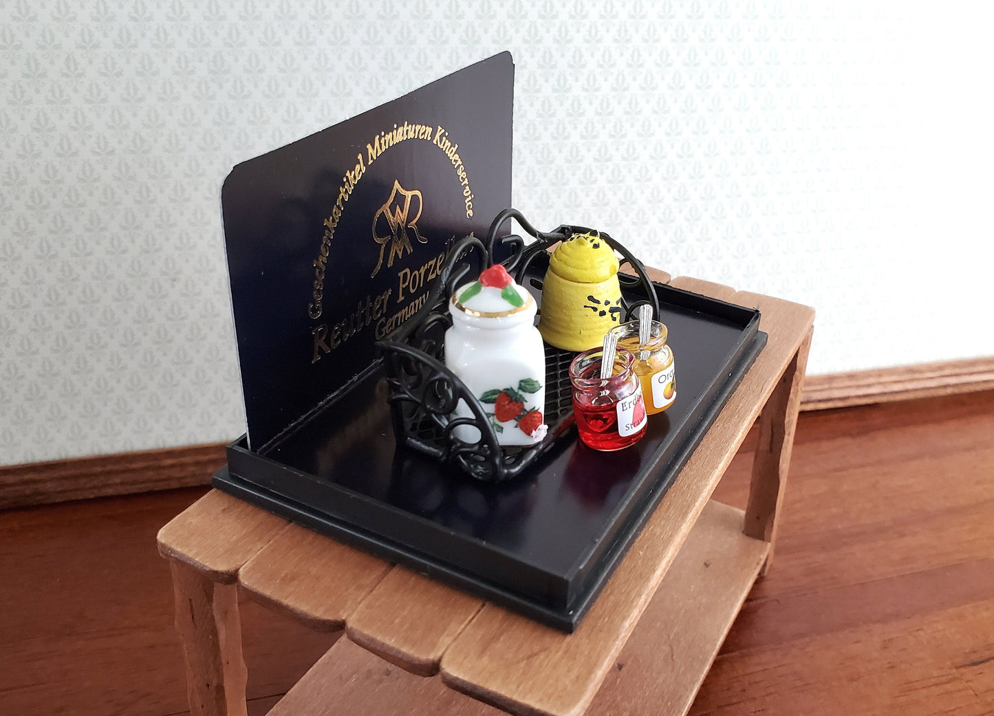 Dollhouse Miniature Shelf with Jam Jelly Honey Biscuits Reutter Porcelain 1:12 Scale