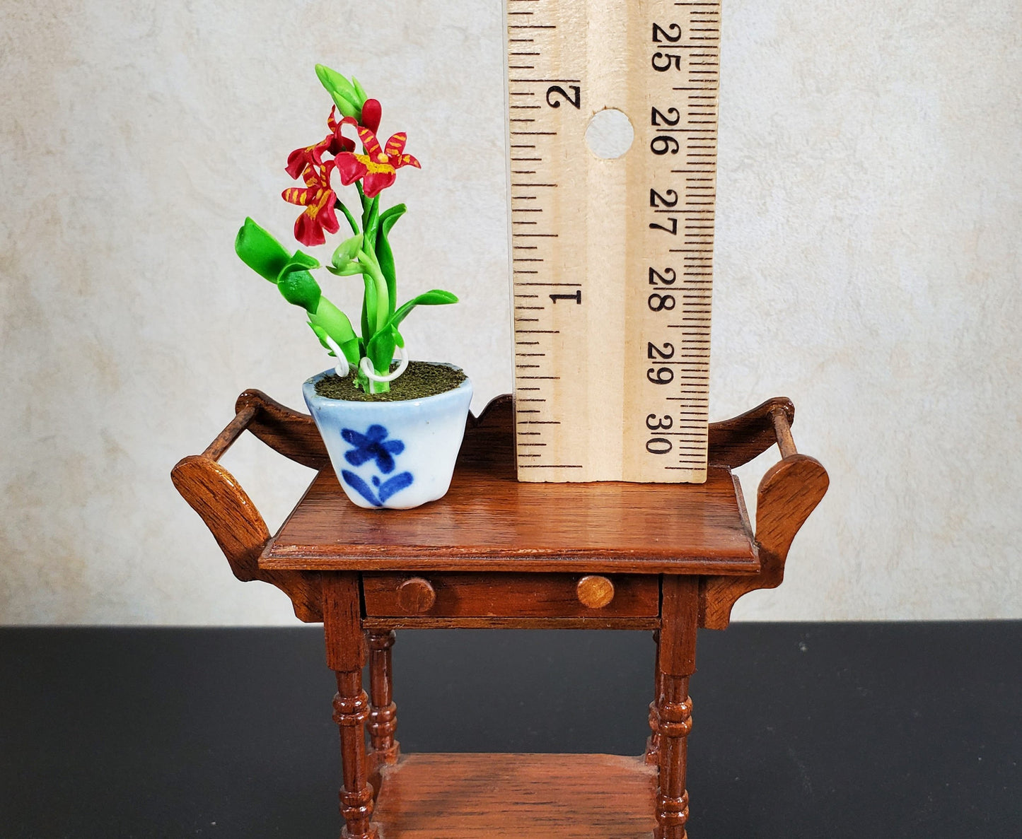 Dollhouse Orchid Flowers Plant in Ceramic Planter Red 1:12 Scale Miniature