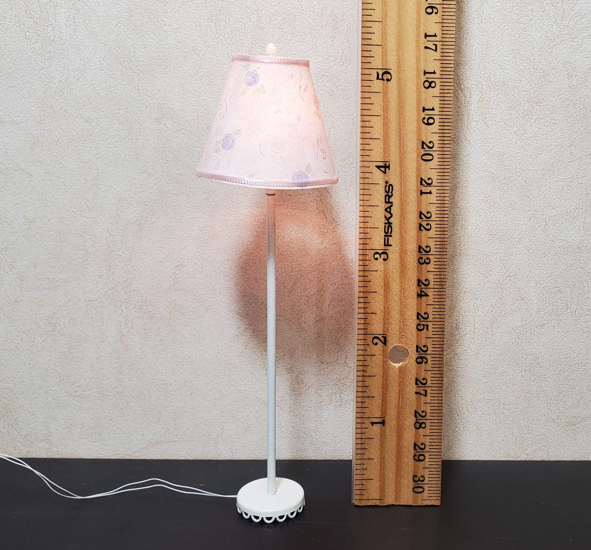 Dollhouse Nursery Floor Lamp Pink Shade White Base 12 Volt Wired 1:12