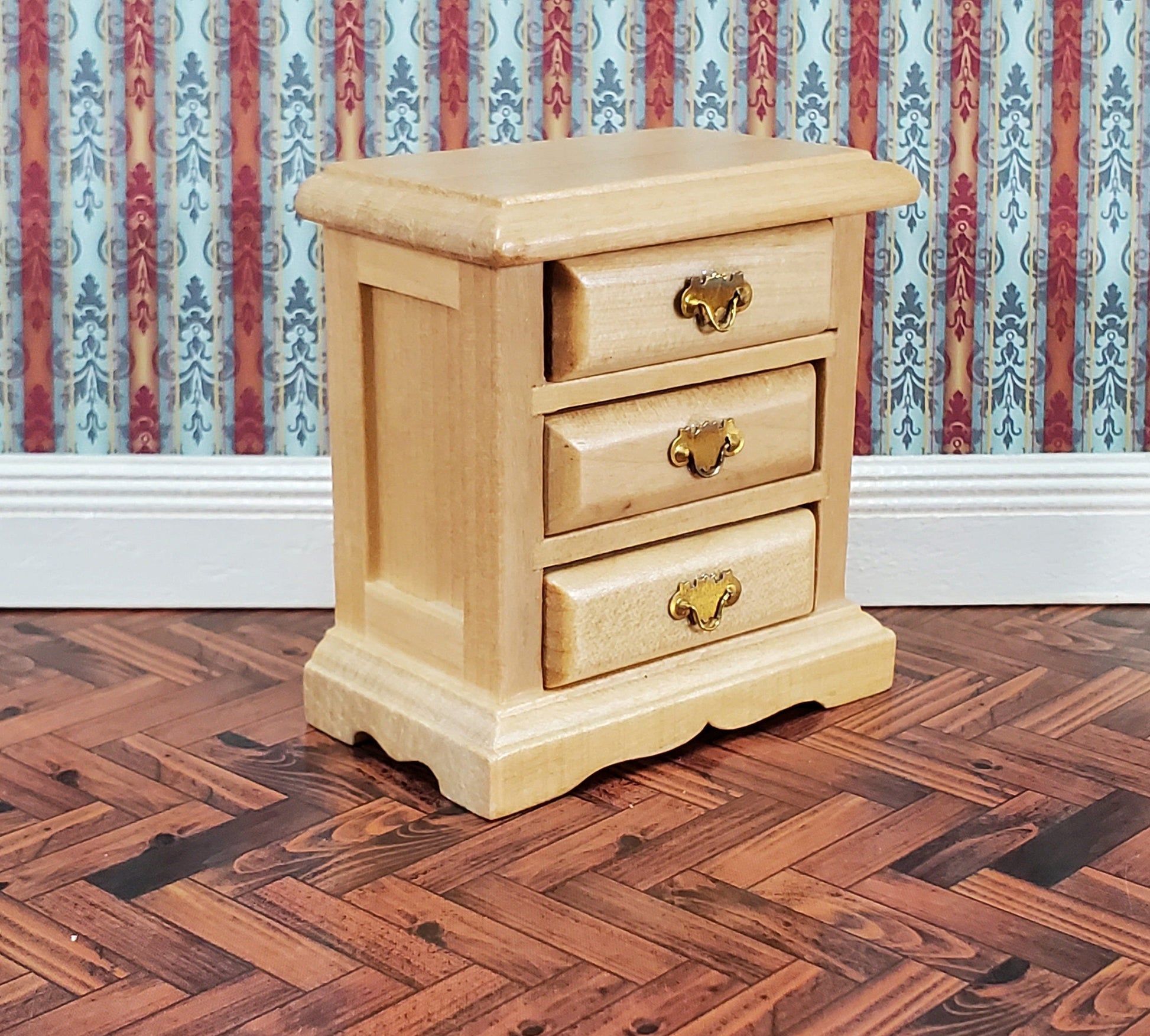 Dollhouse Side Table or Nightstand with 3 Drawers Light Oak 1:12 Scale Miniature Furniture