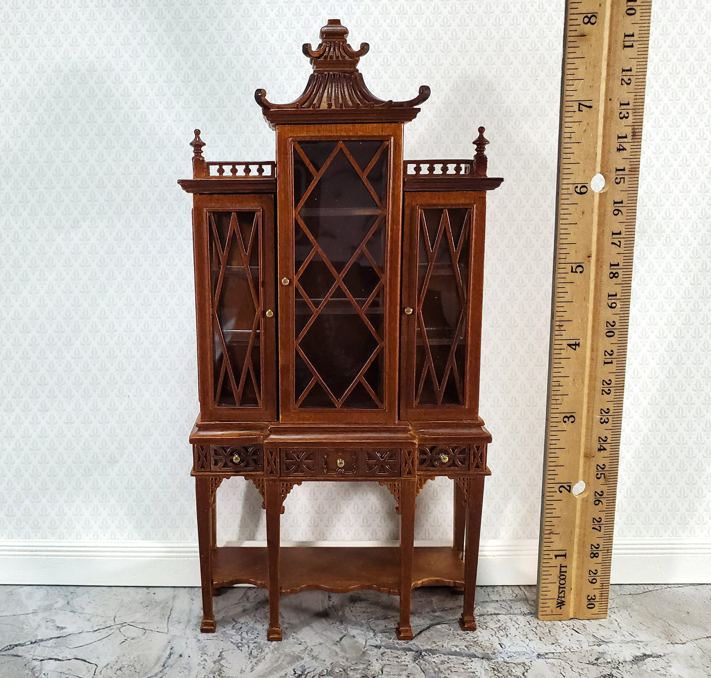 JBM Dollhouse Breakfront Display Cabinet Chippendale Style 1:12 Scale Furniture