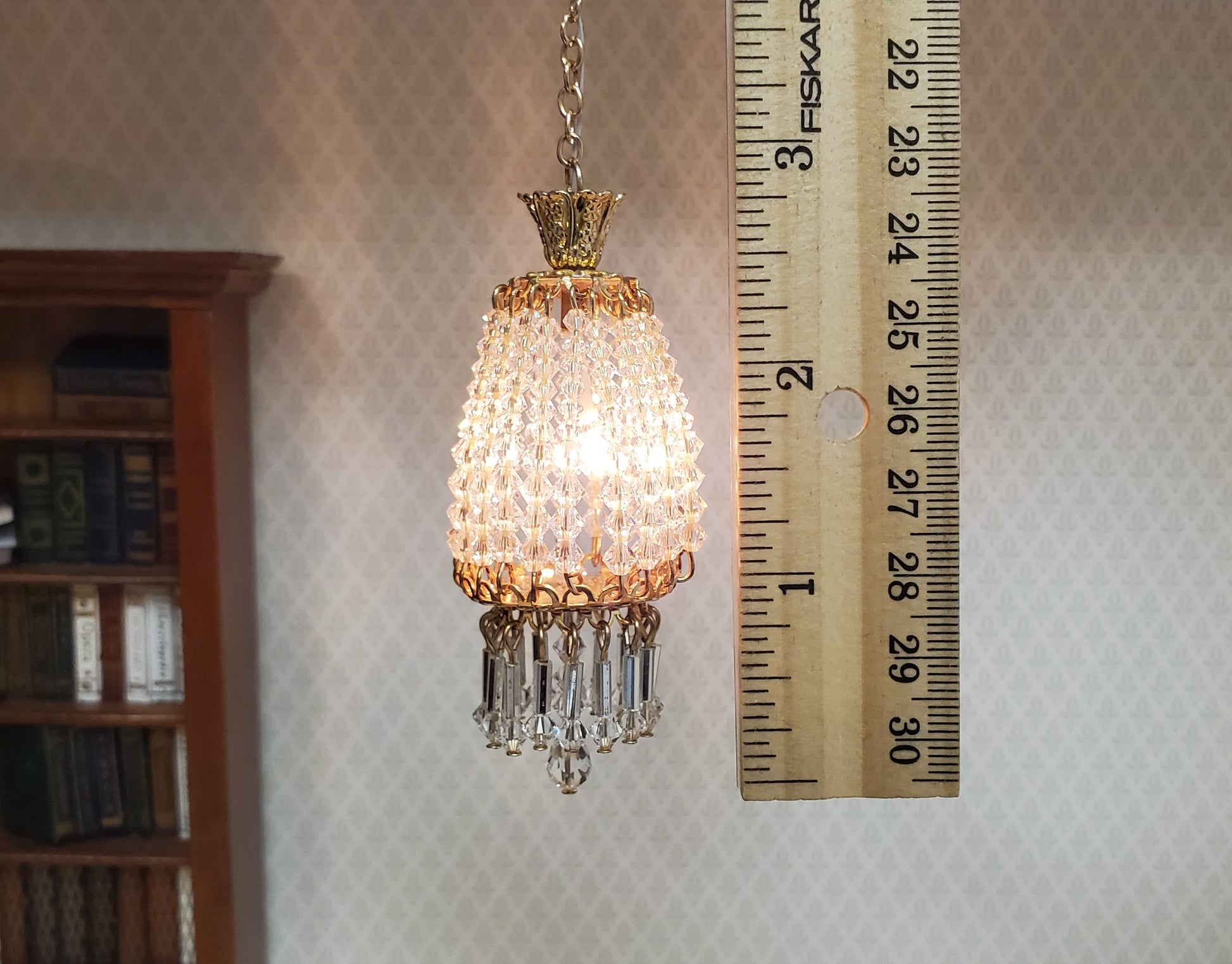 Dollhouse Parlor Chandelier II Light Real Glass Crystals 12 Volt 1:12 Scale