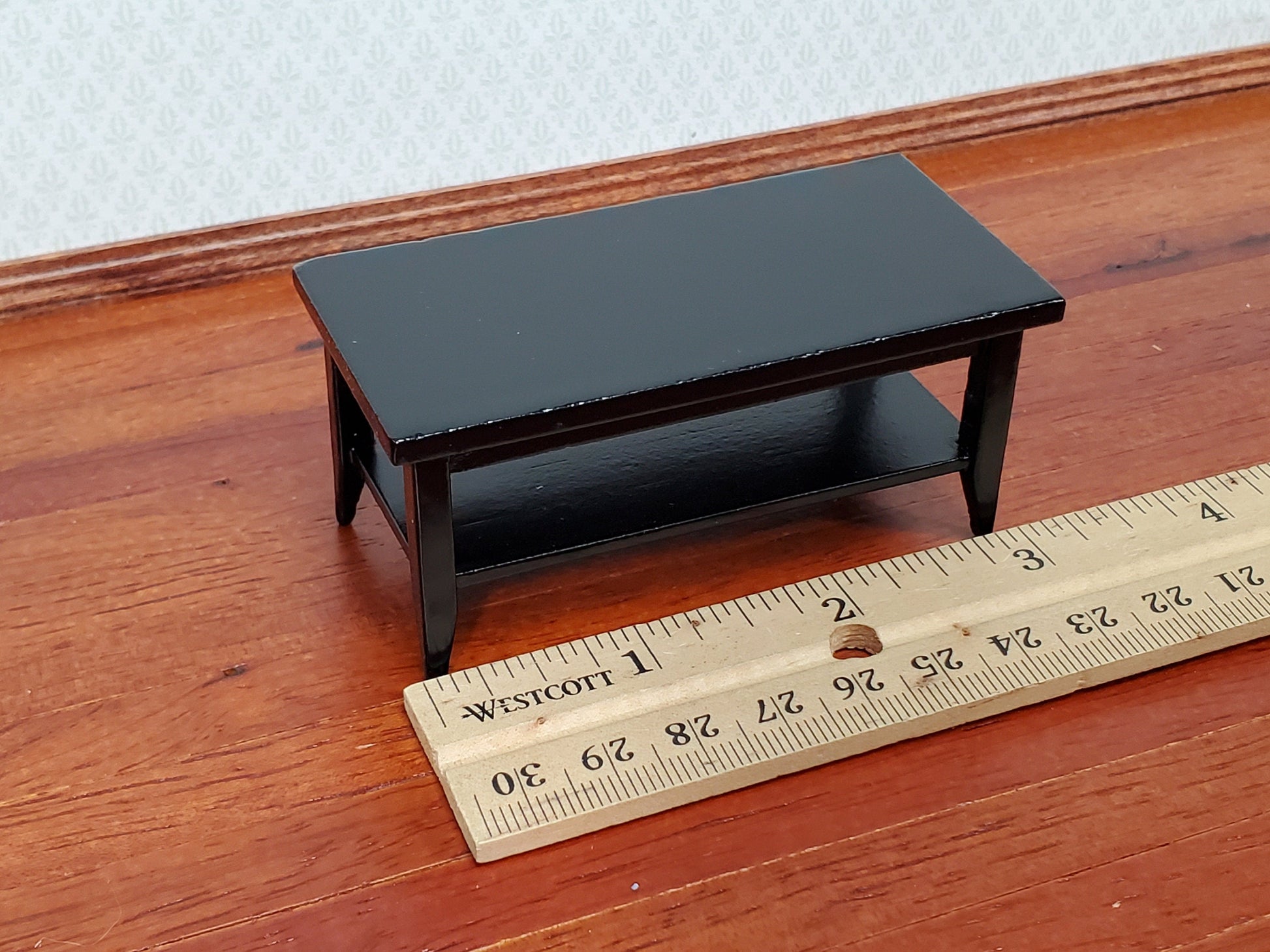 Dollhouse Modern Coffee Table with Shelf All Black Wood 1:12 Scale Miniature Furniture