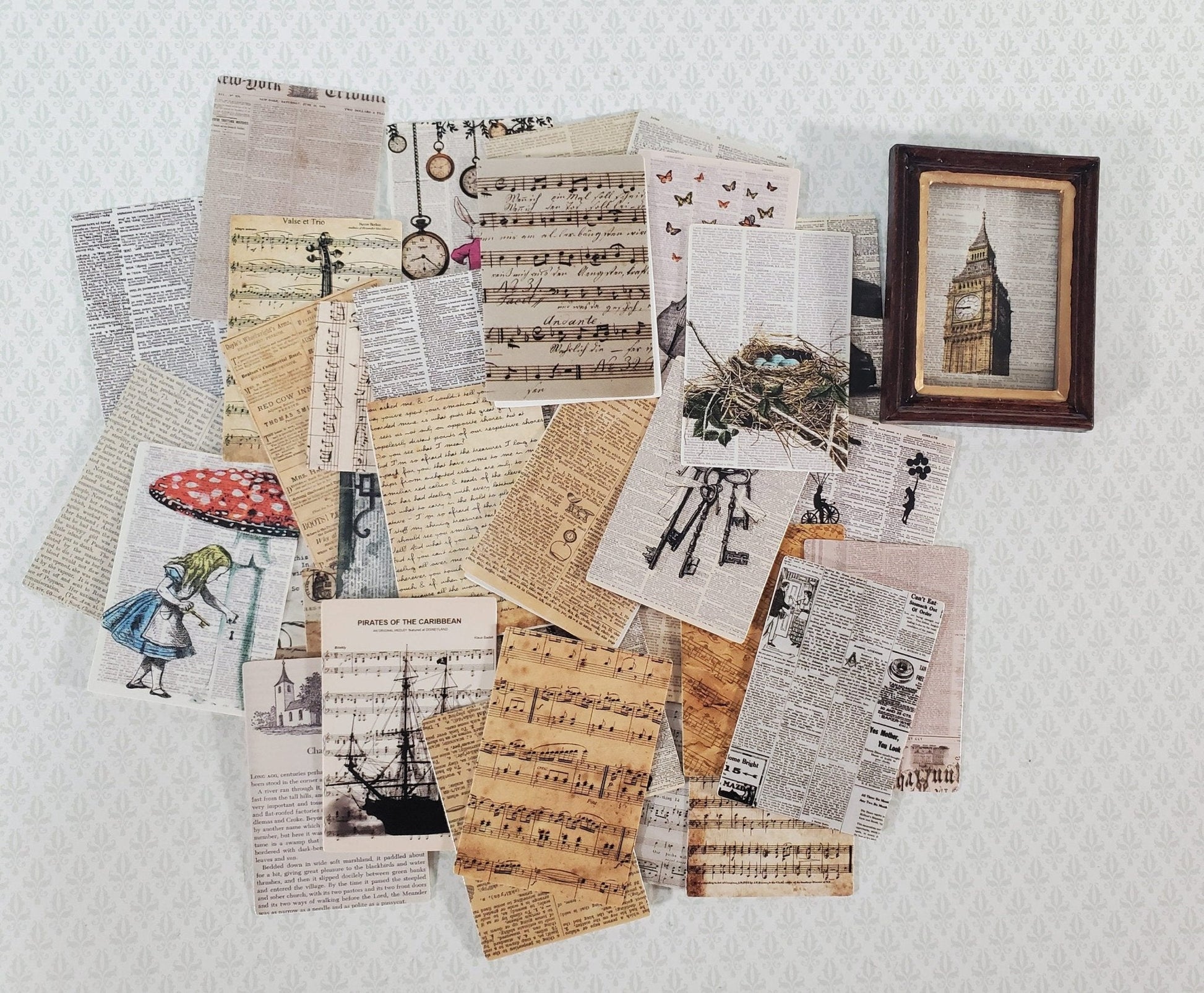 100 Mini Book Pages & Sheet Music Prints on Cardstock Vintage Pictures Scrapbooking Stamping - Miniature Crush