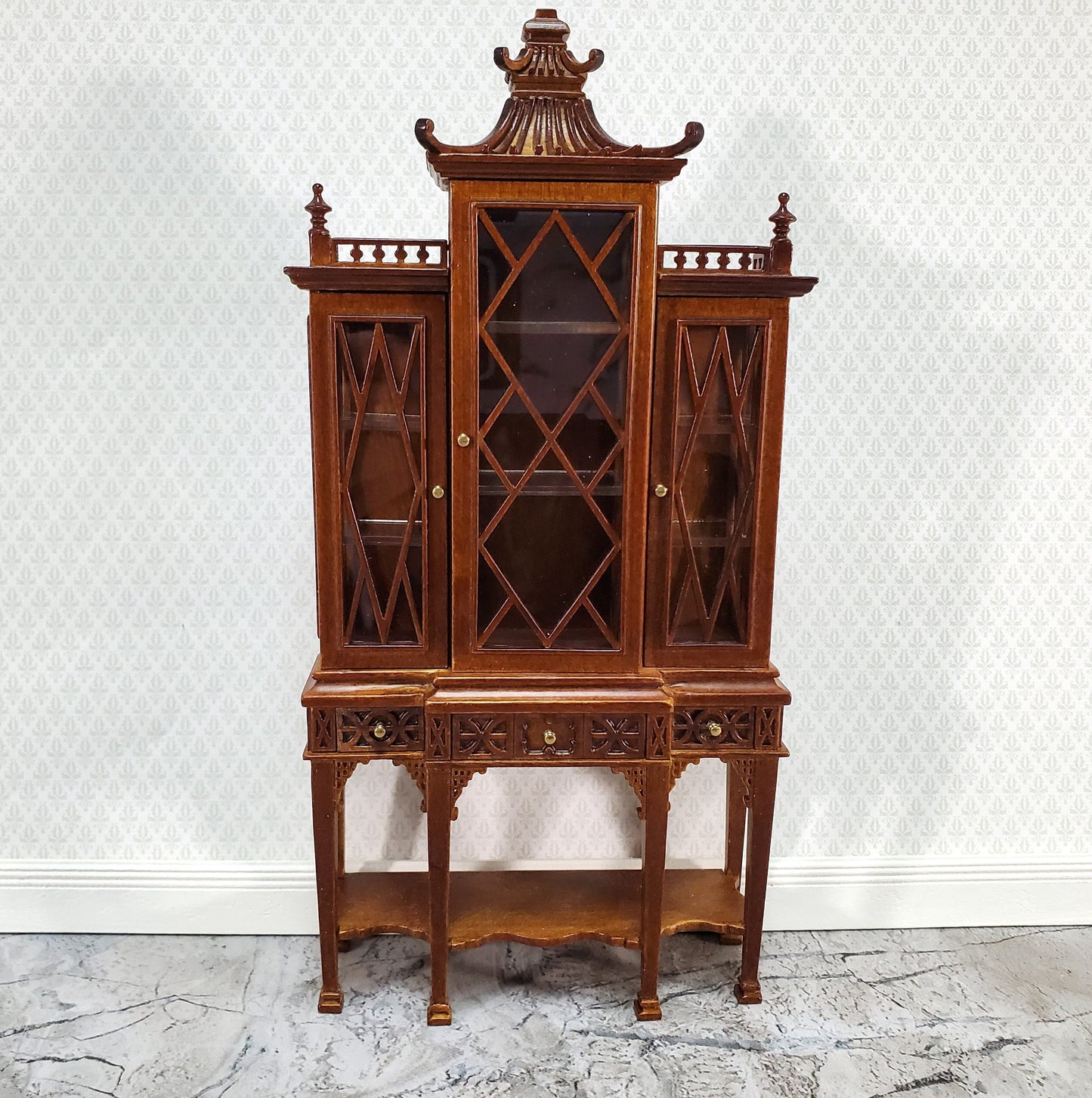JBM Dollhouse Breakfront Display Cabinet Chippendale Style 1:12 Scale Furniture