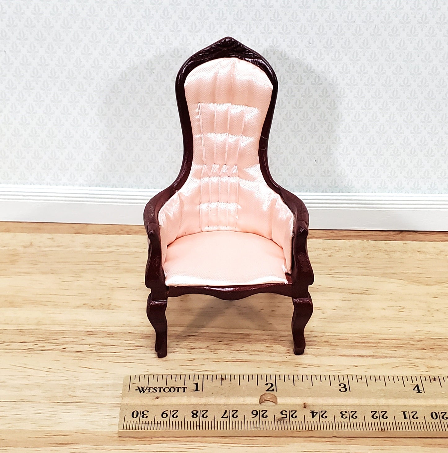 Dollhouse Gentlemen's Chair Victorian Pink & Mahogany Finish 1:12 Scale Miniature Furniture