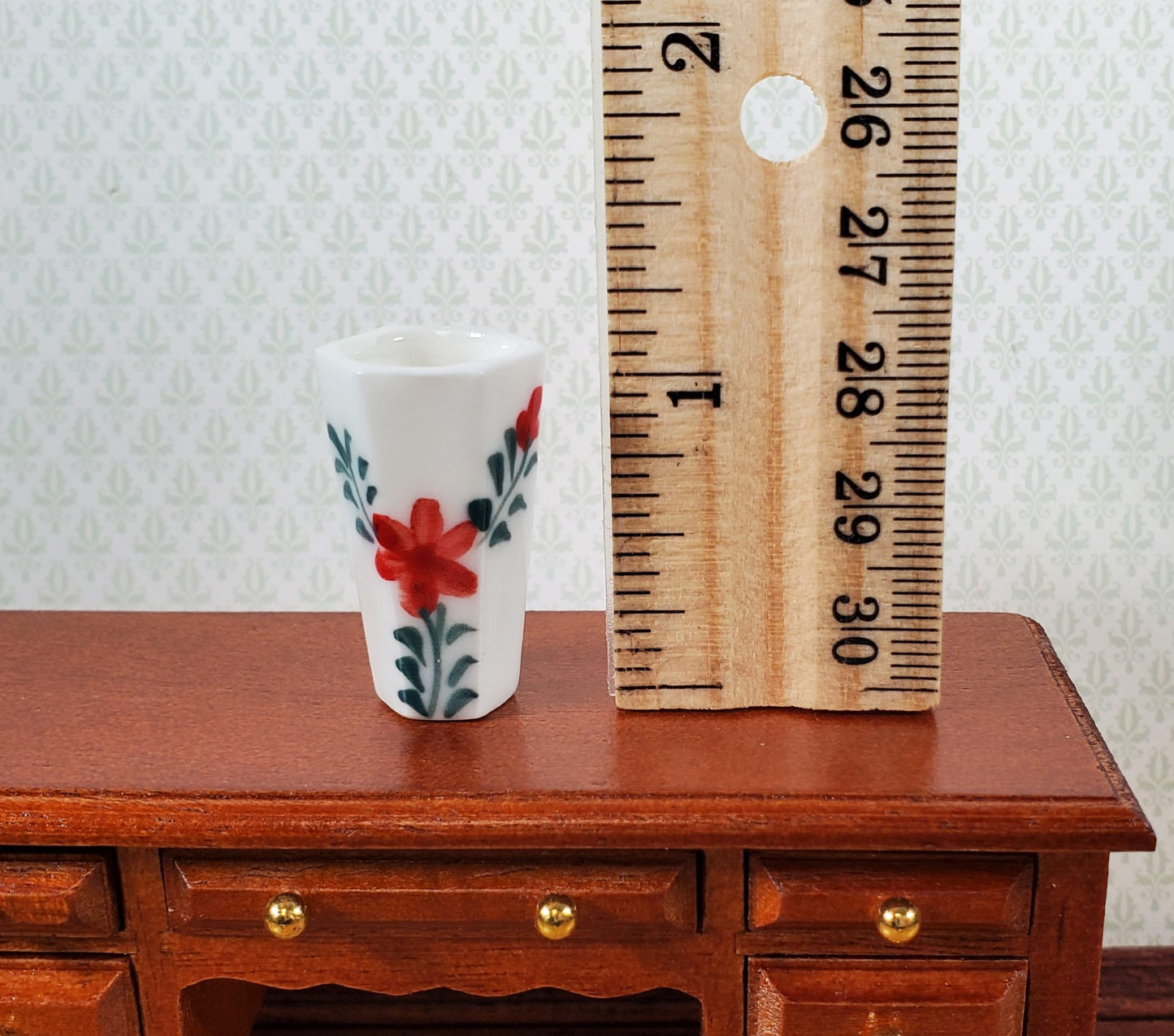 Dollhouse Large Vase White Ceramic Red Flower Design Use in 1:12 or 1/6 Scale