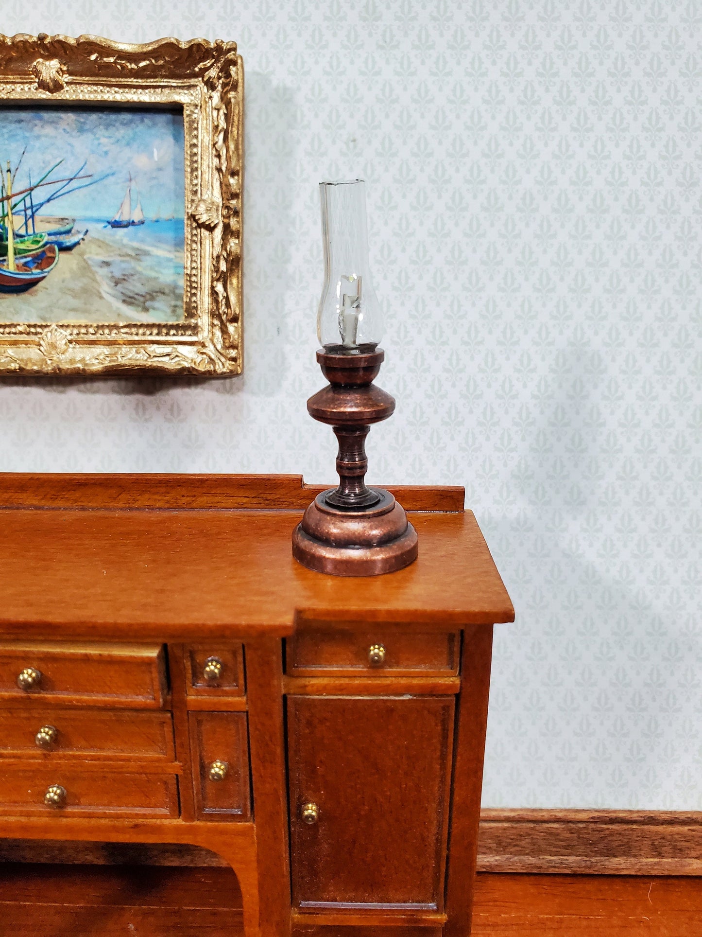 Dollhouse Battery Light Hurricane Lantern Table Lamp Bronze 1:12 Scale Miniature